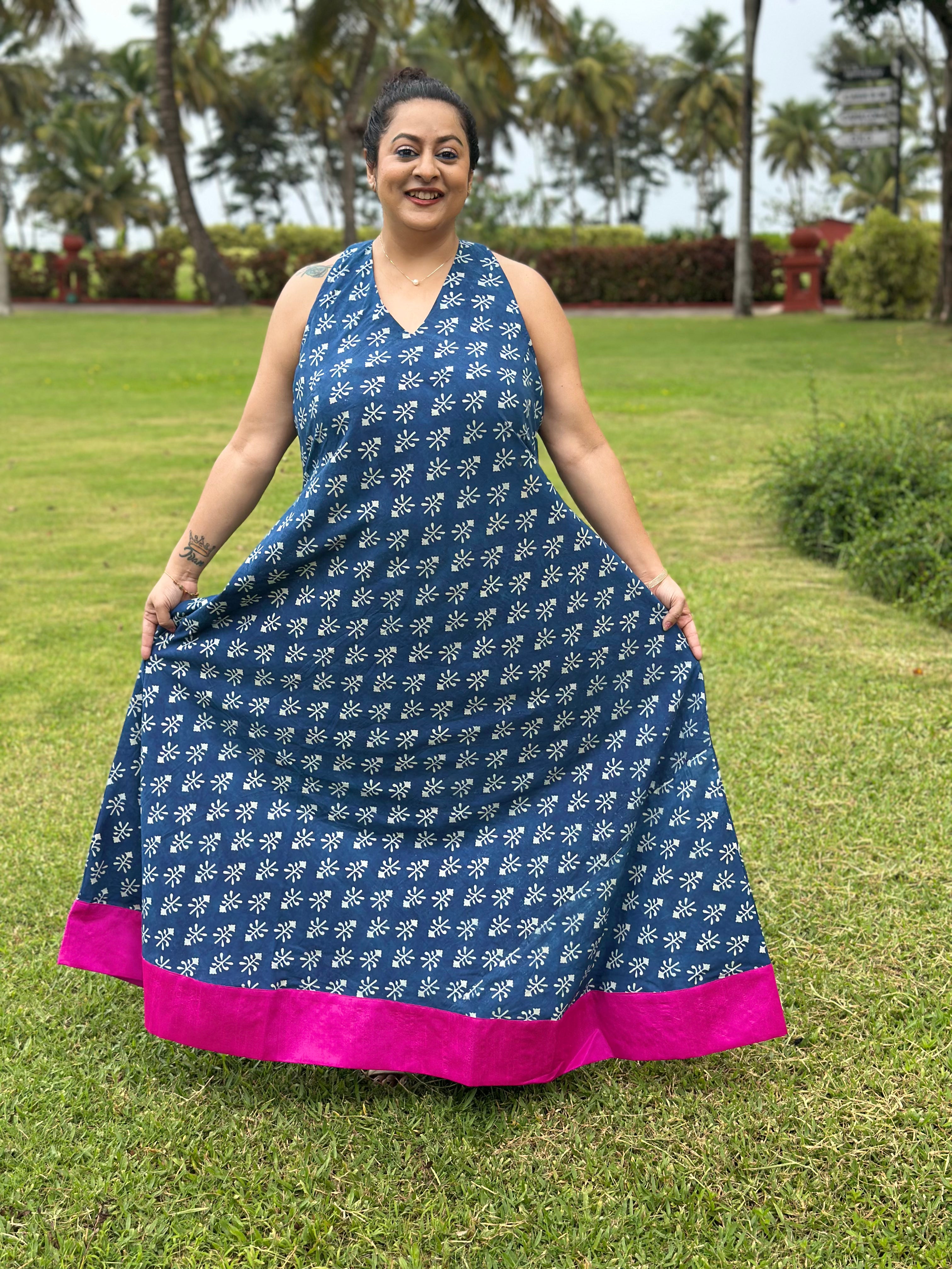 Fuchsia Tide - Indigo Dabu Booti Handblock Print Maxi Dress with Pink Patch