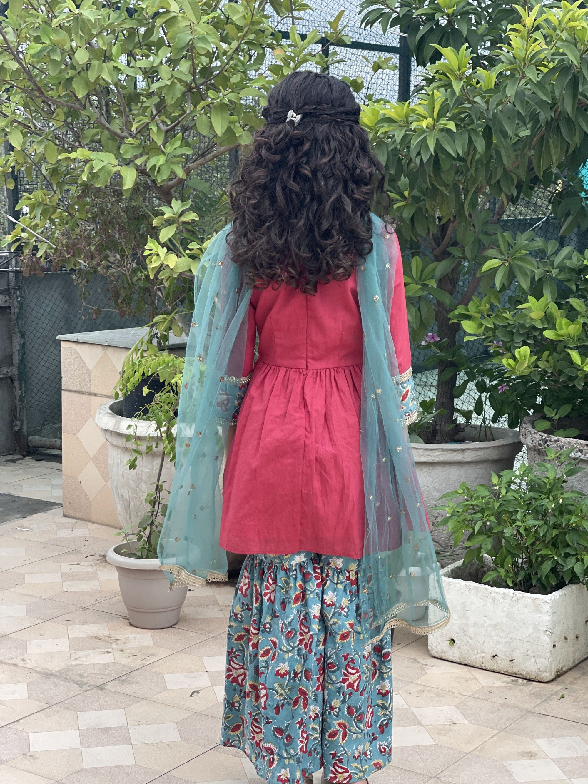 Red Cotton Sharara Set with Green Sanganeri Handblock Print