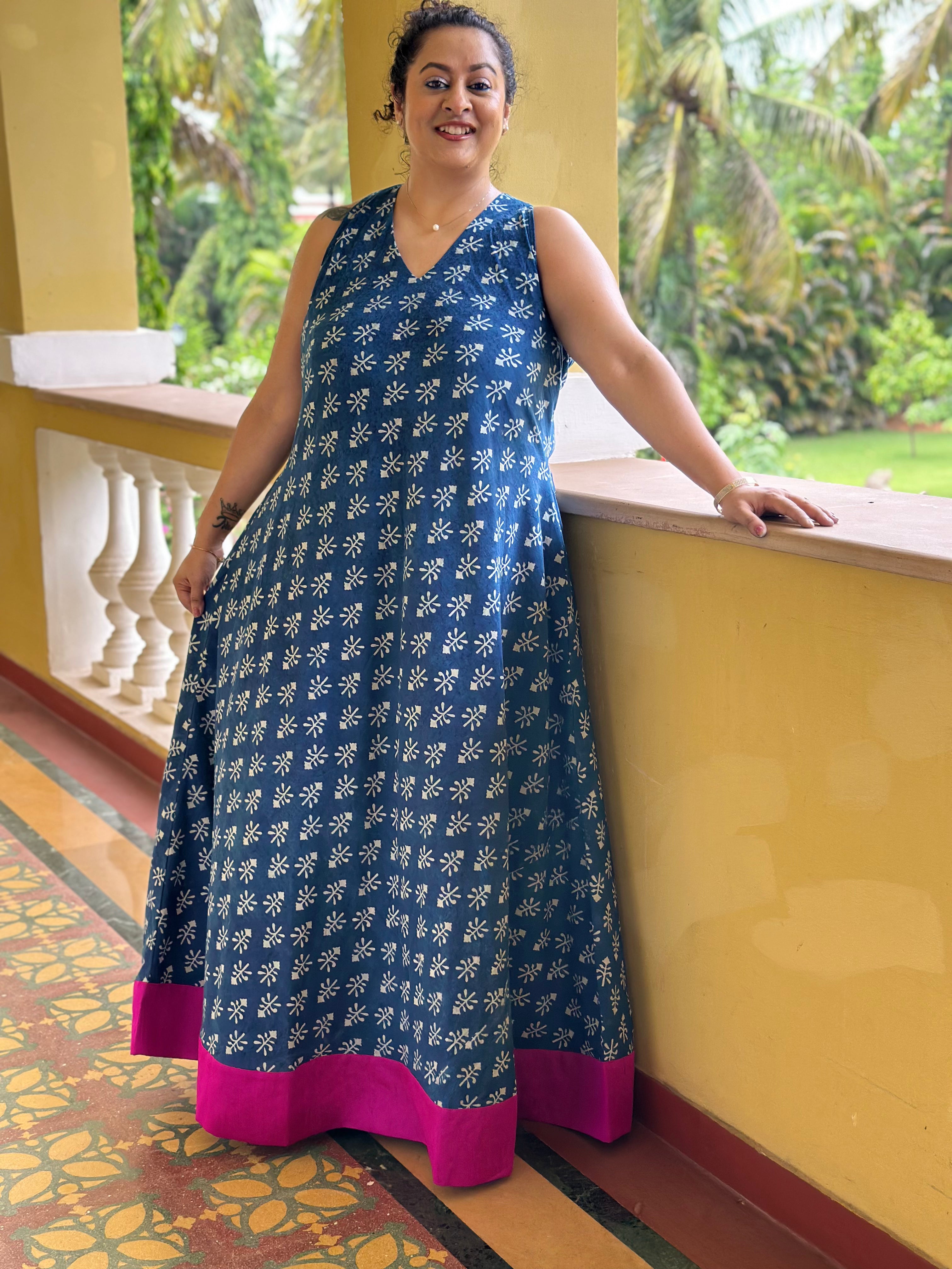 Fuchsia Tide - Indigo Dabu Booti Handblock Print Maxi Dress with Pink Patch