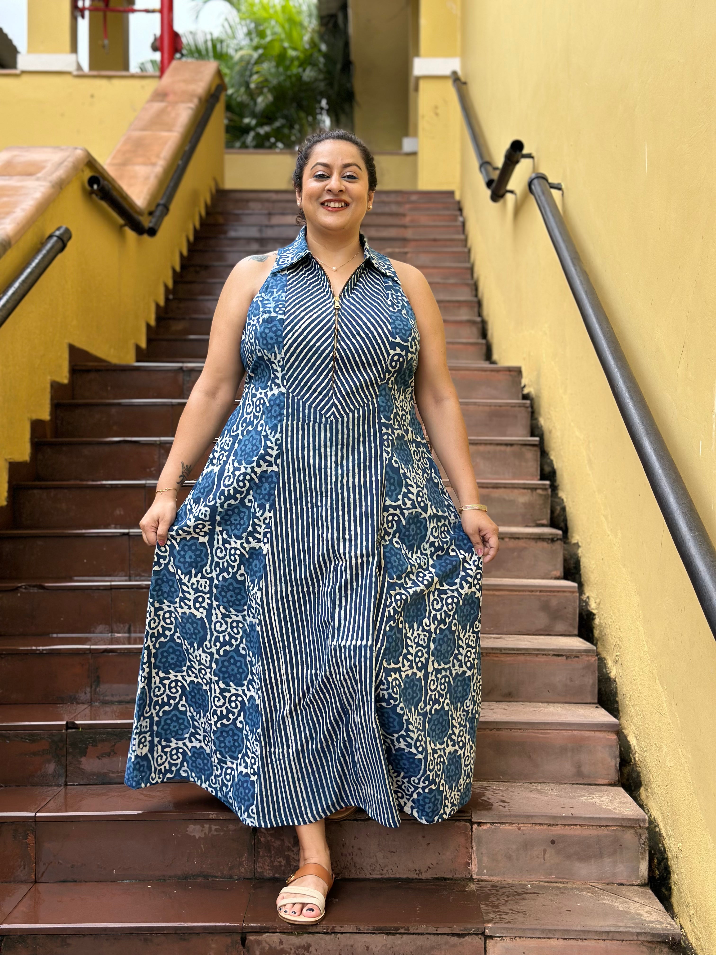 Stripe & Bloom - Indigo Dabu Handblock Maxi Dress with collar and zip