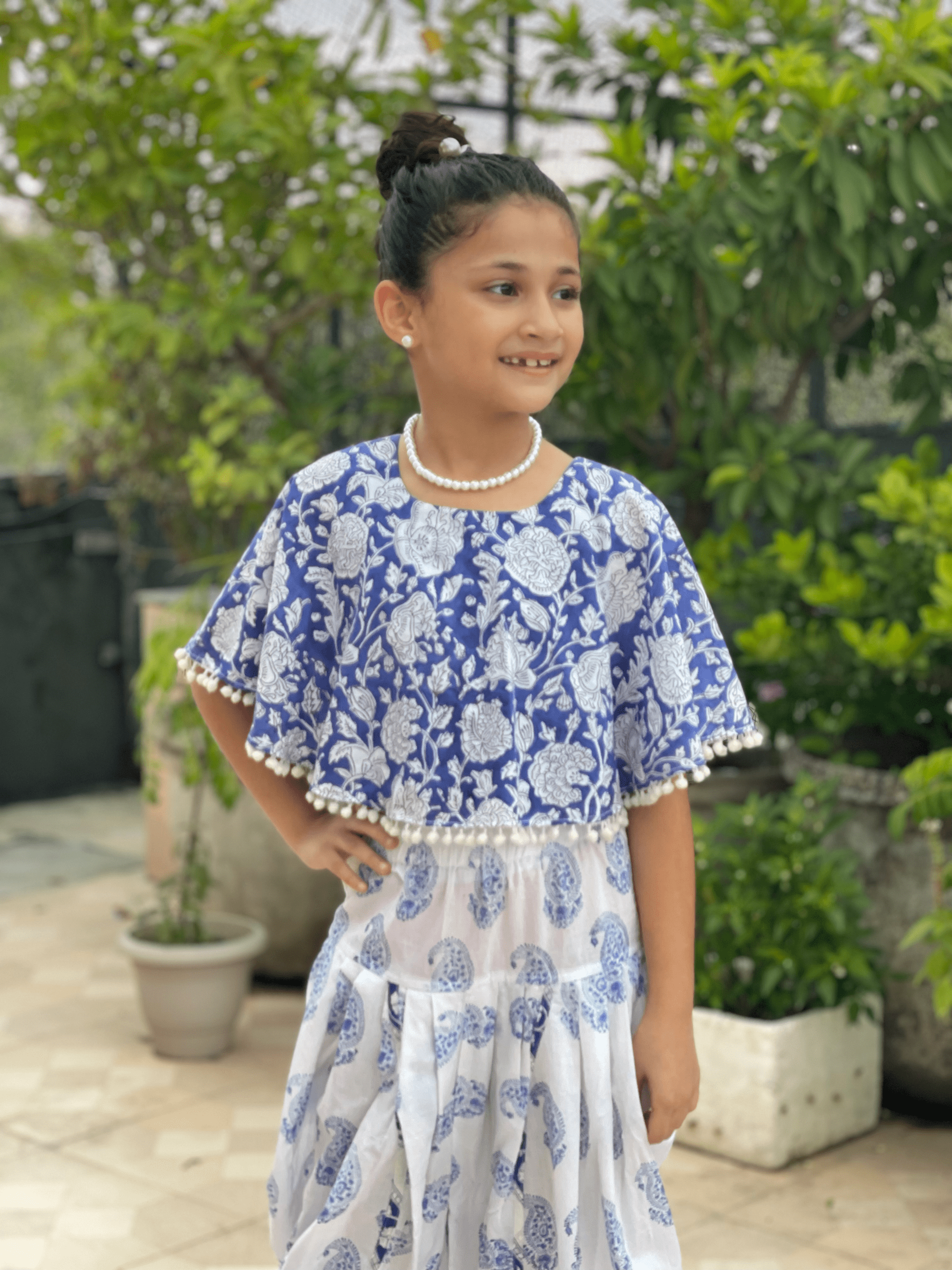 Blue Sanganeri Poncho Top and Dhoti Set -Dhoti Set