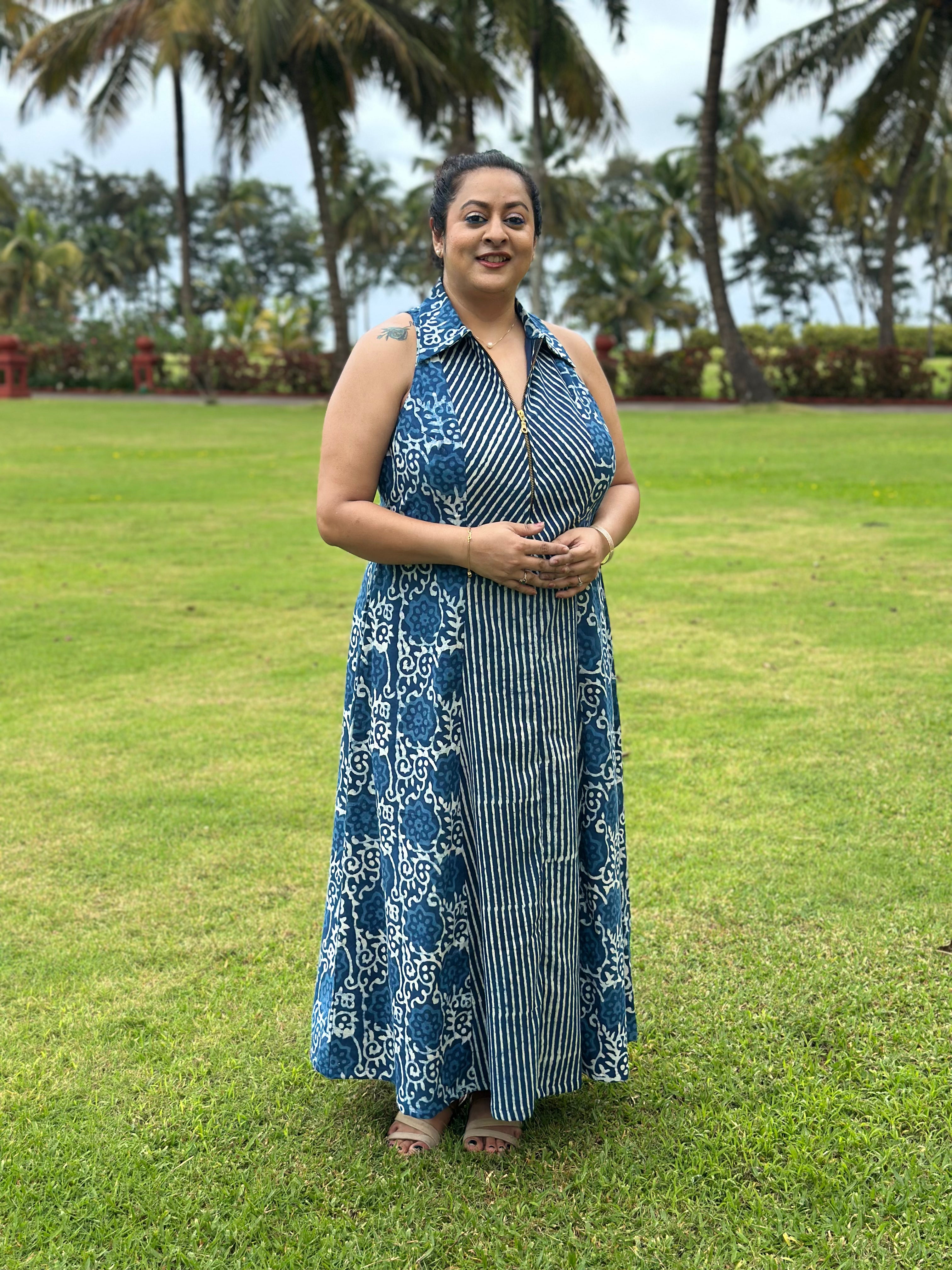 Stripe & Bloom - Indigo Dabu Handblock Maxi Dress with collar and zip
