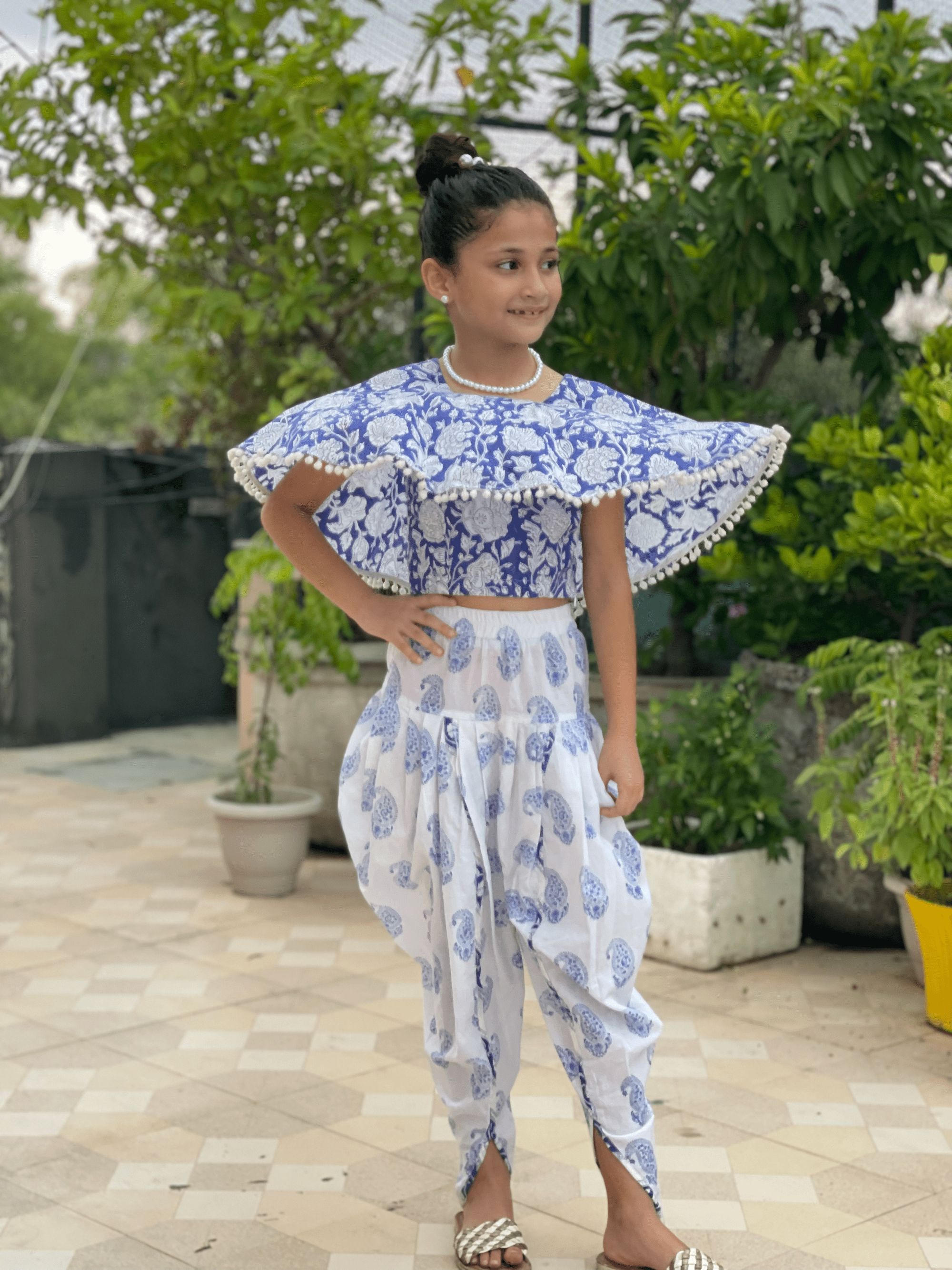 Blue Sanganeri Poncho Top and Dhoti Set -Dhoti Set
