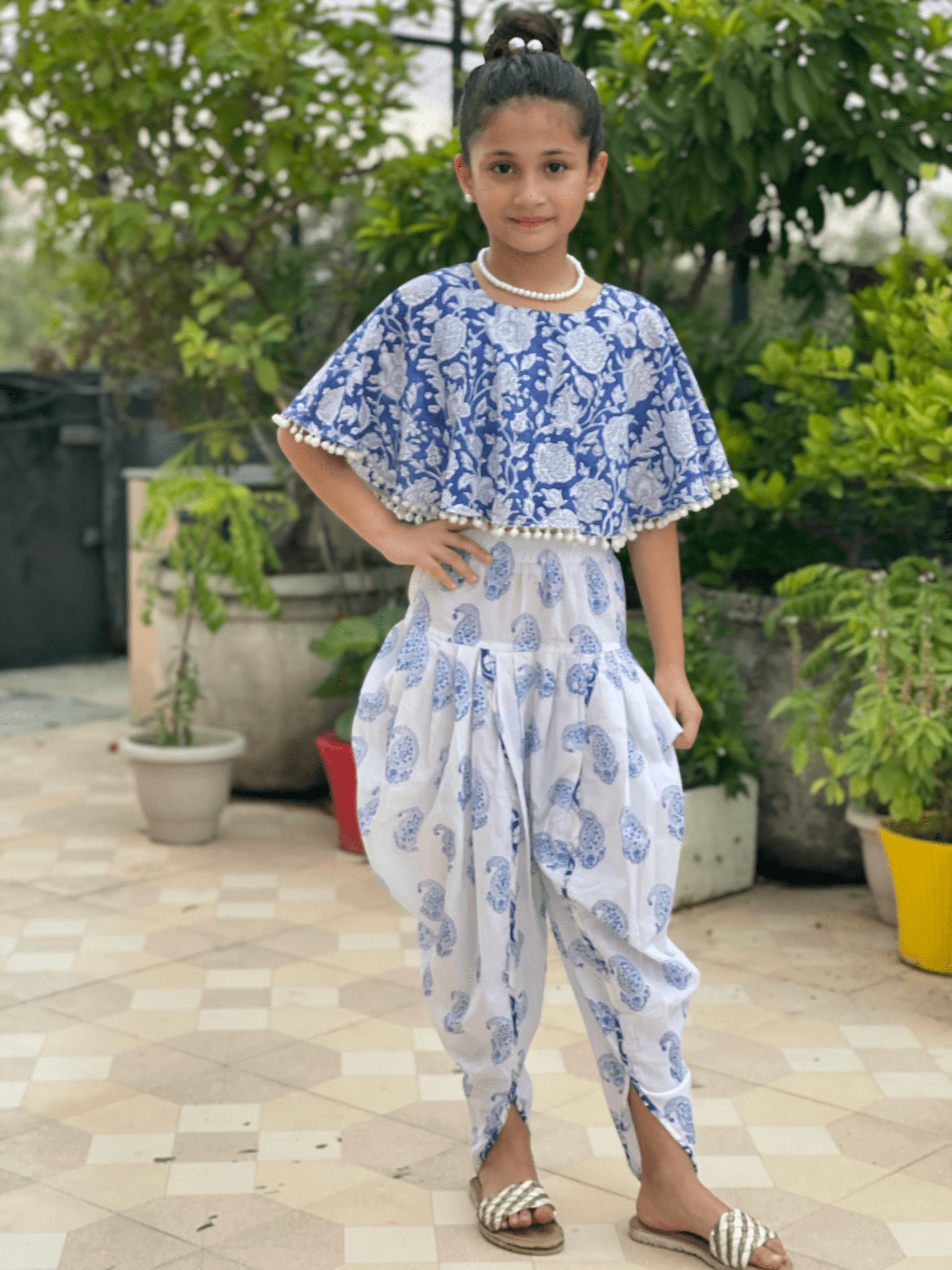 Blue Sanganeri Poncho Top and Dhoti Set -Dhoti Set