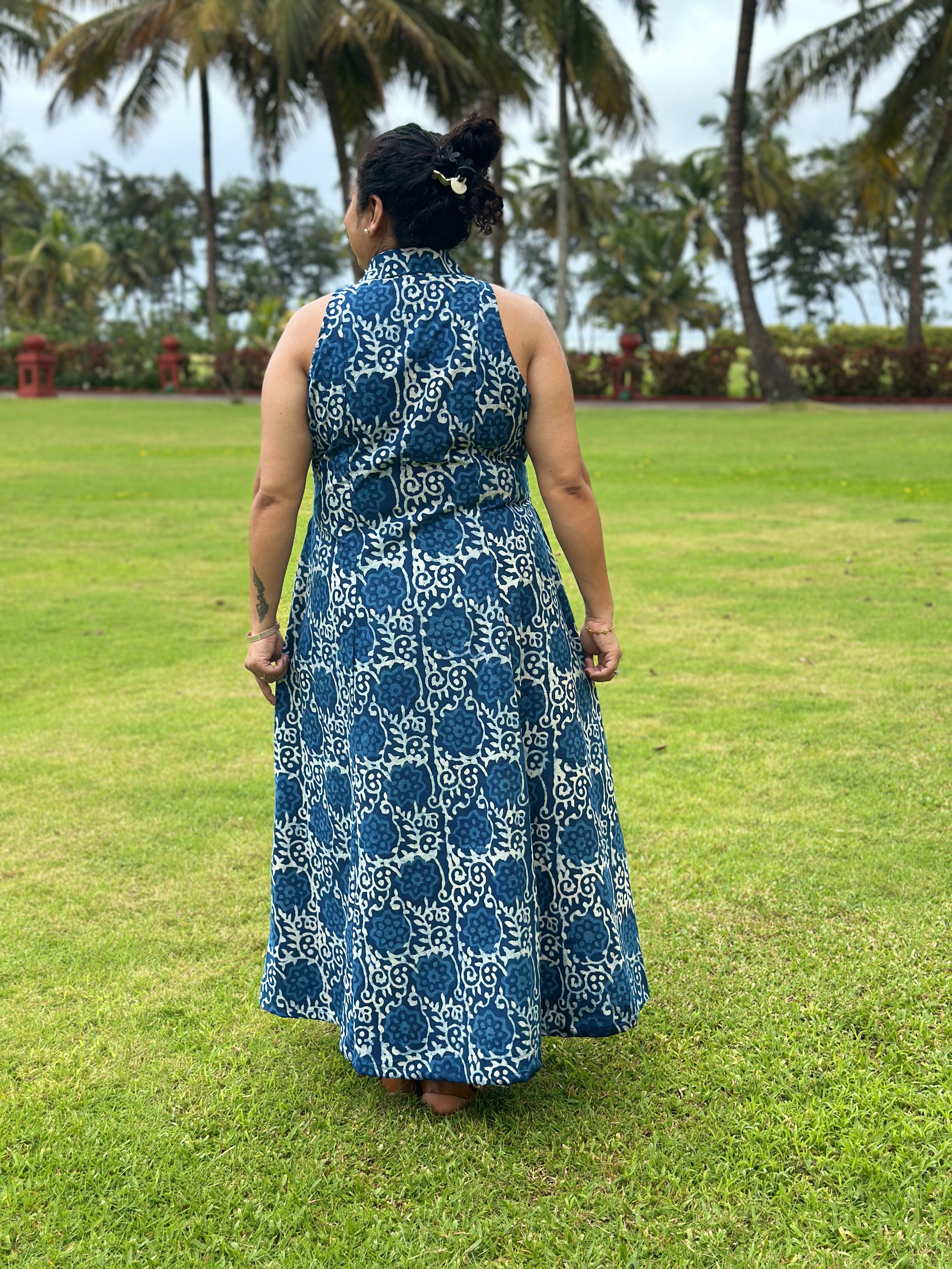 Stripe & Bloom - Indigo Dabu Handblock Maxi Dress with collar and zip