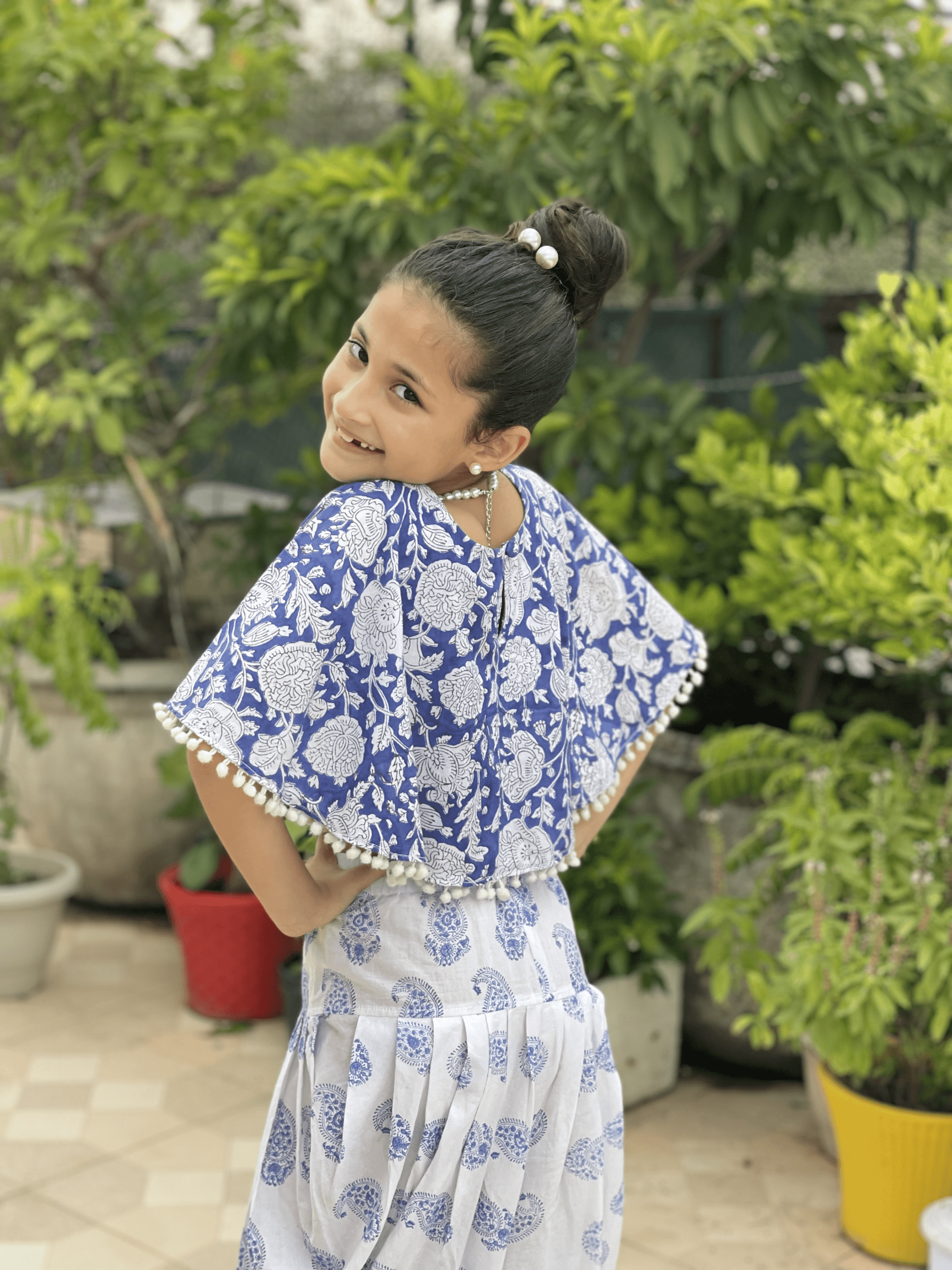 Blue Sanganeri Poncho Top and Dhoti Set -Dhoti Set