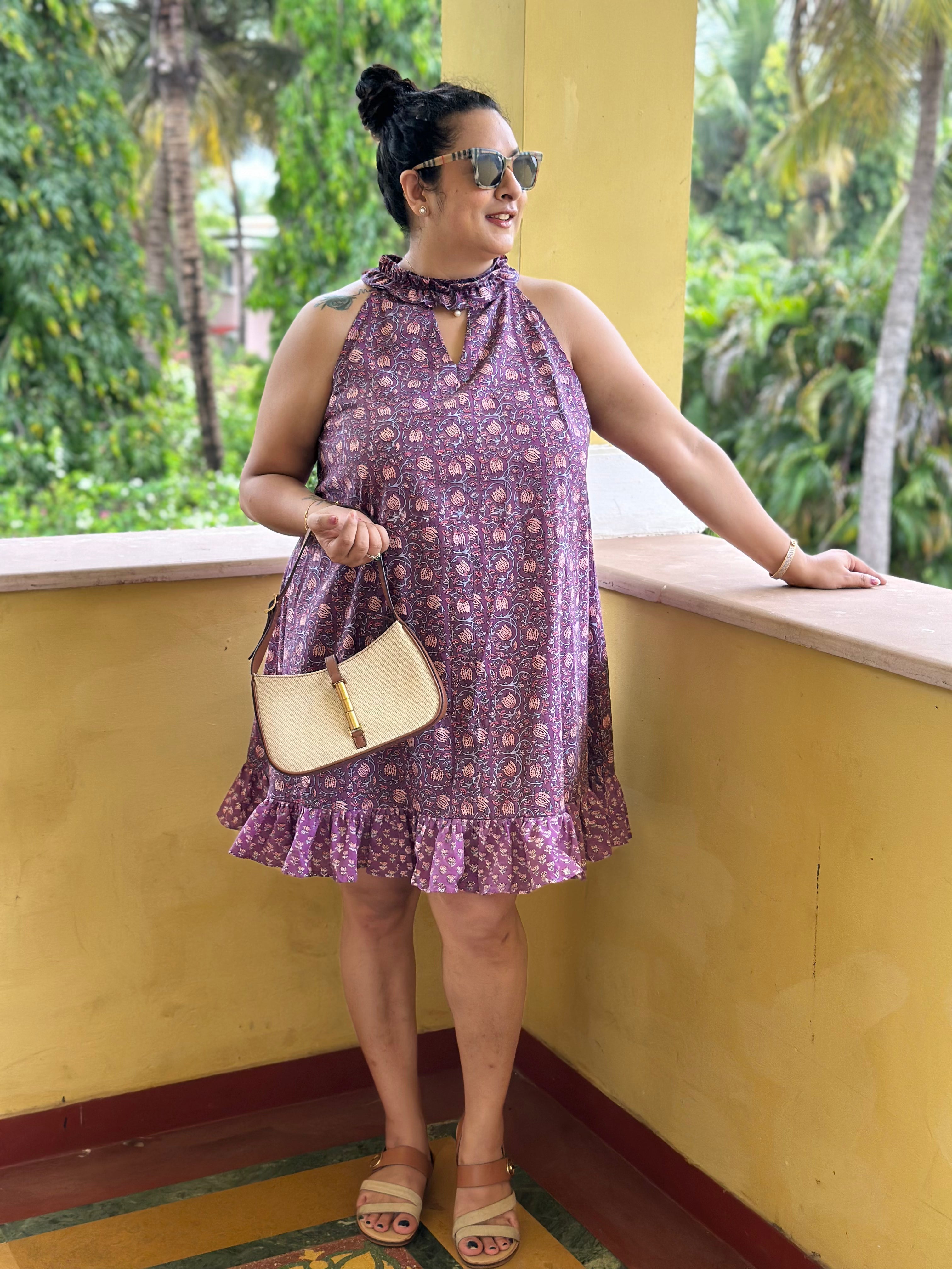 Sanganeri Breeze - Purple Handblock print halter neck short dress