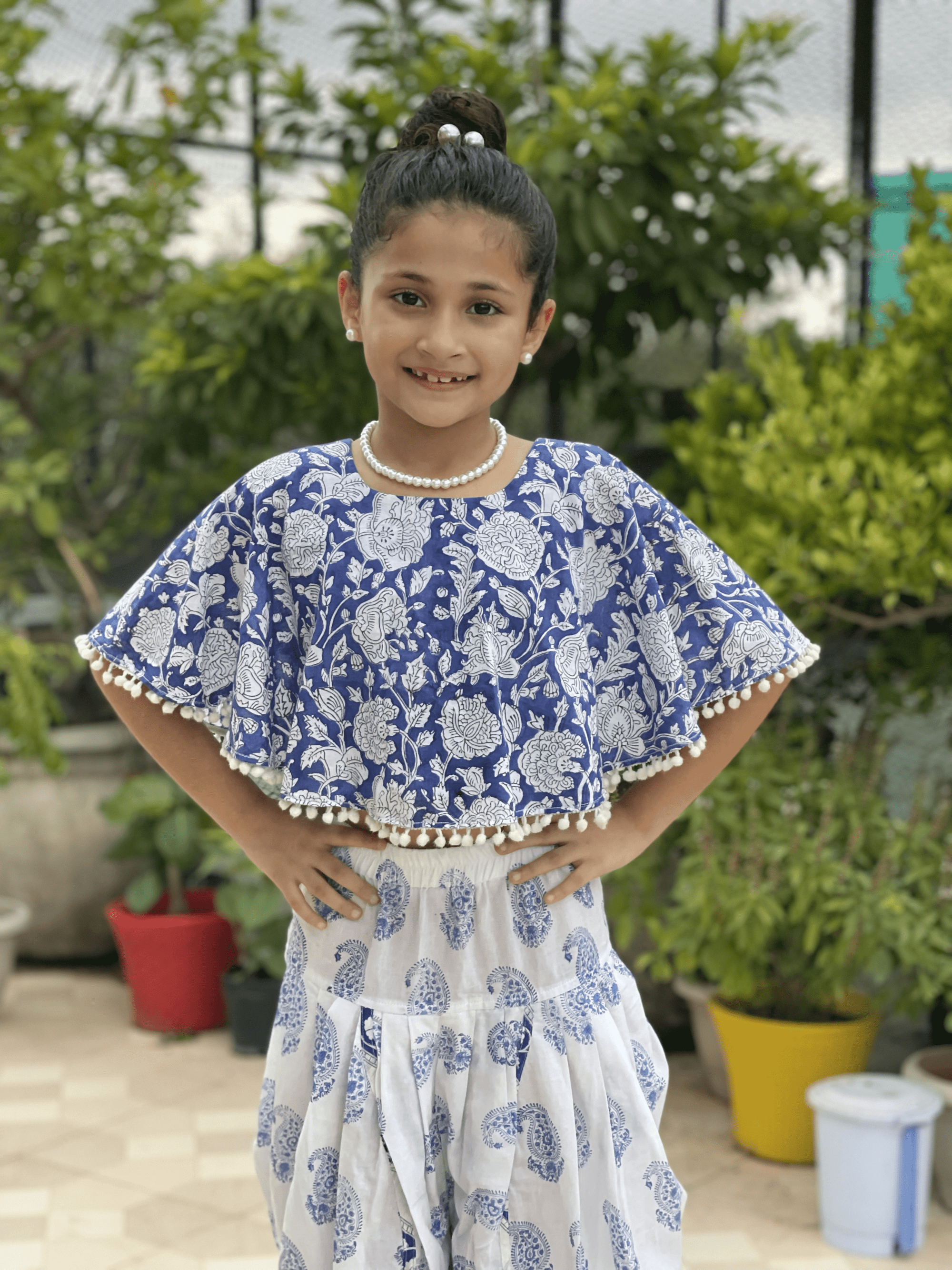 Blue Sanganeri Poncho Top and Dhoti Set -Dhoti Set
