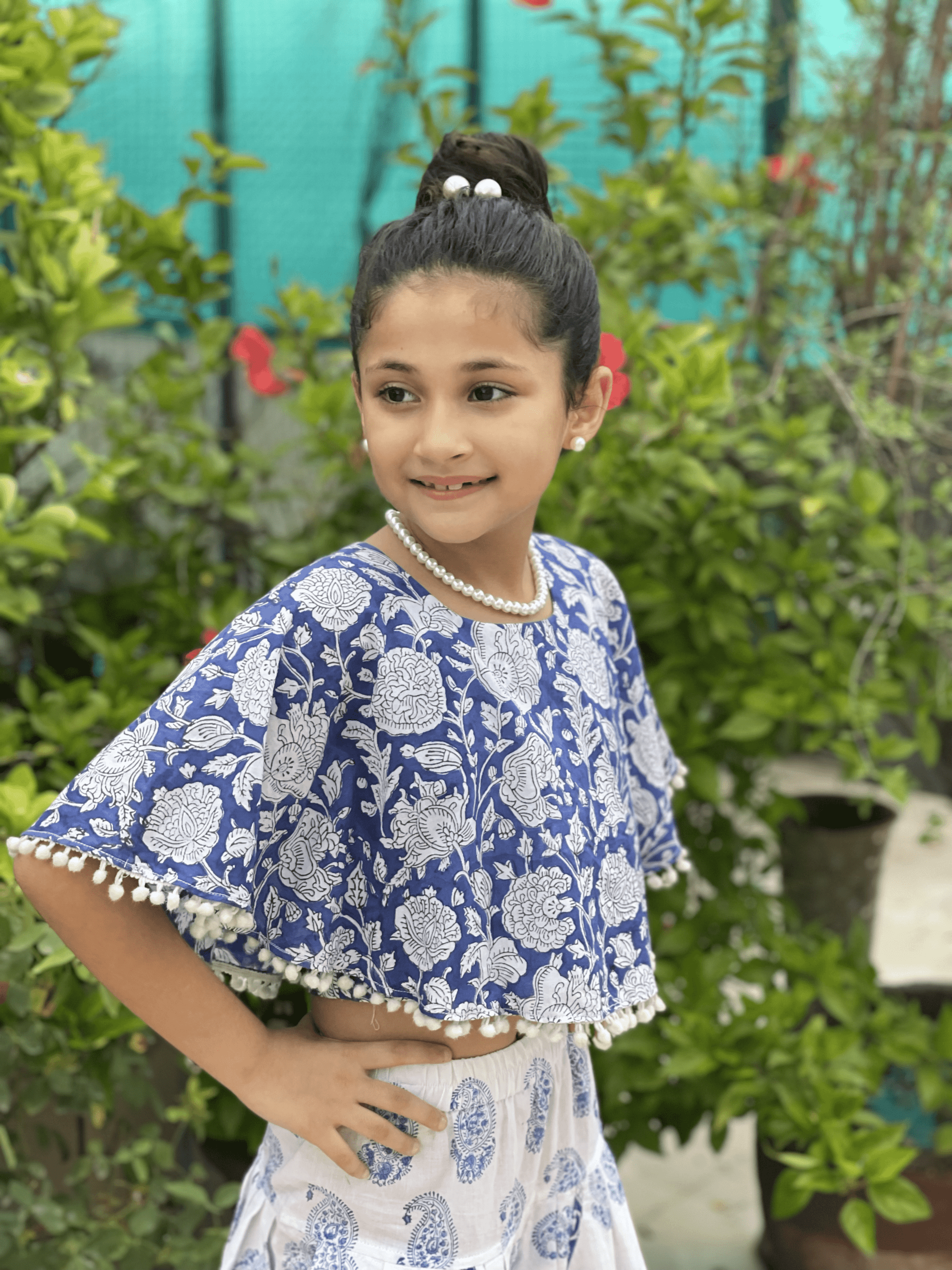 Blue Sanganeri Poncho Top and Dhoti Set -Dhoti Set