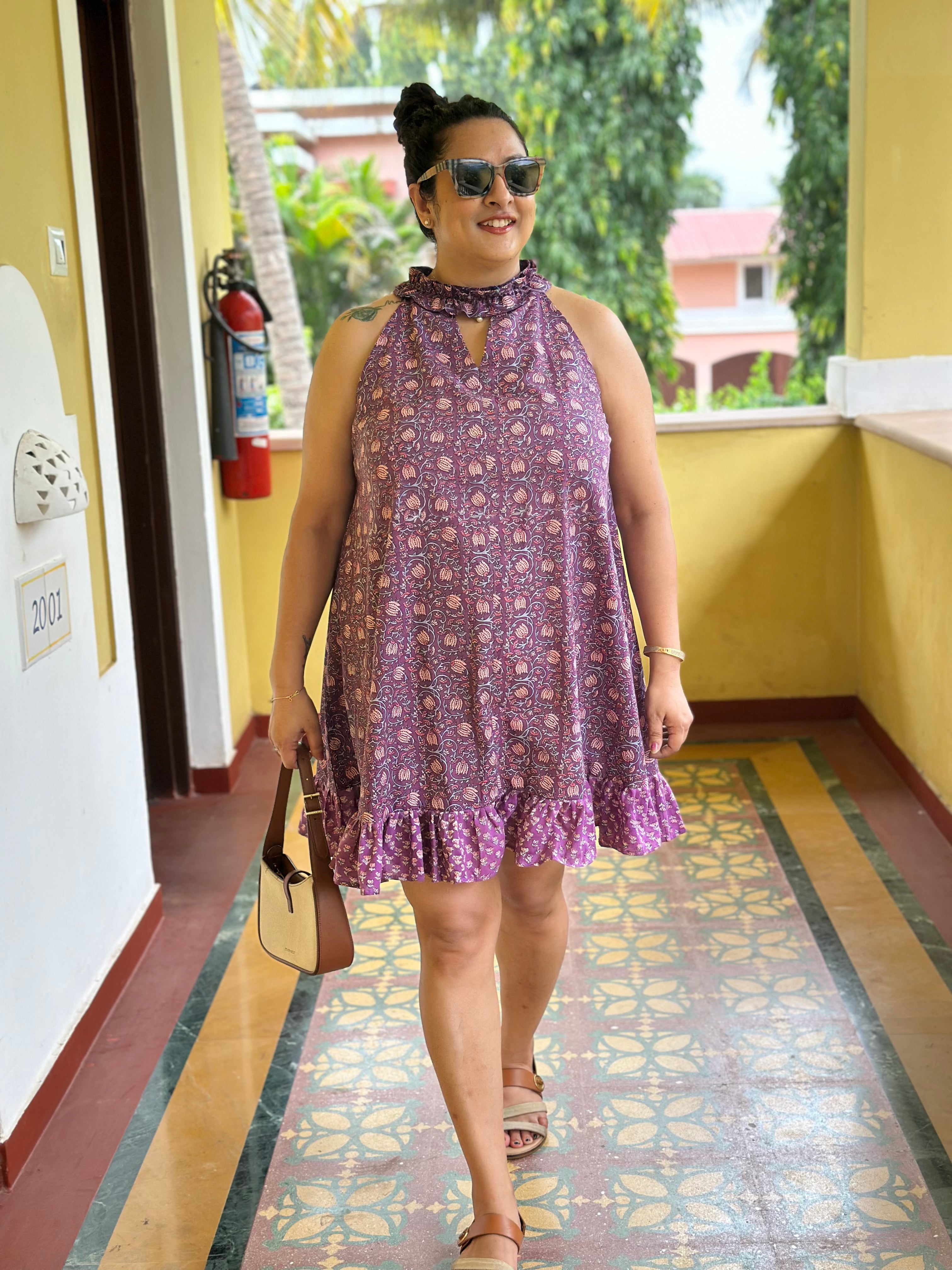 Sanganeri Breeze - Purple Handblock print halter neck short dress