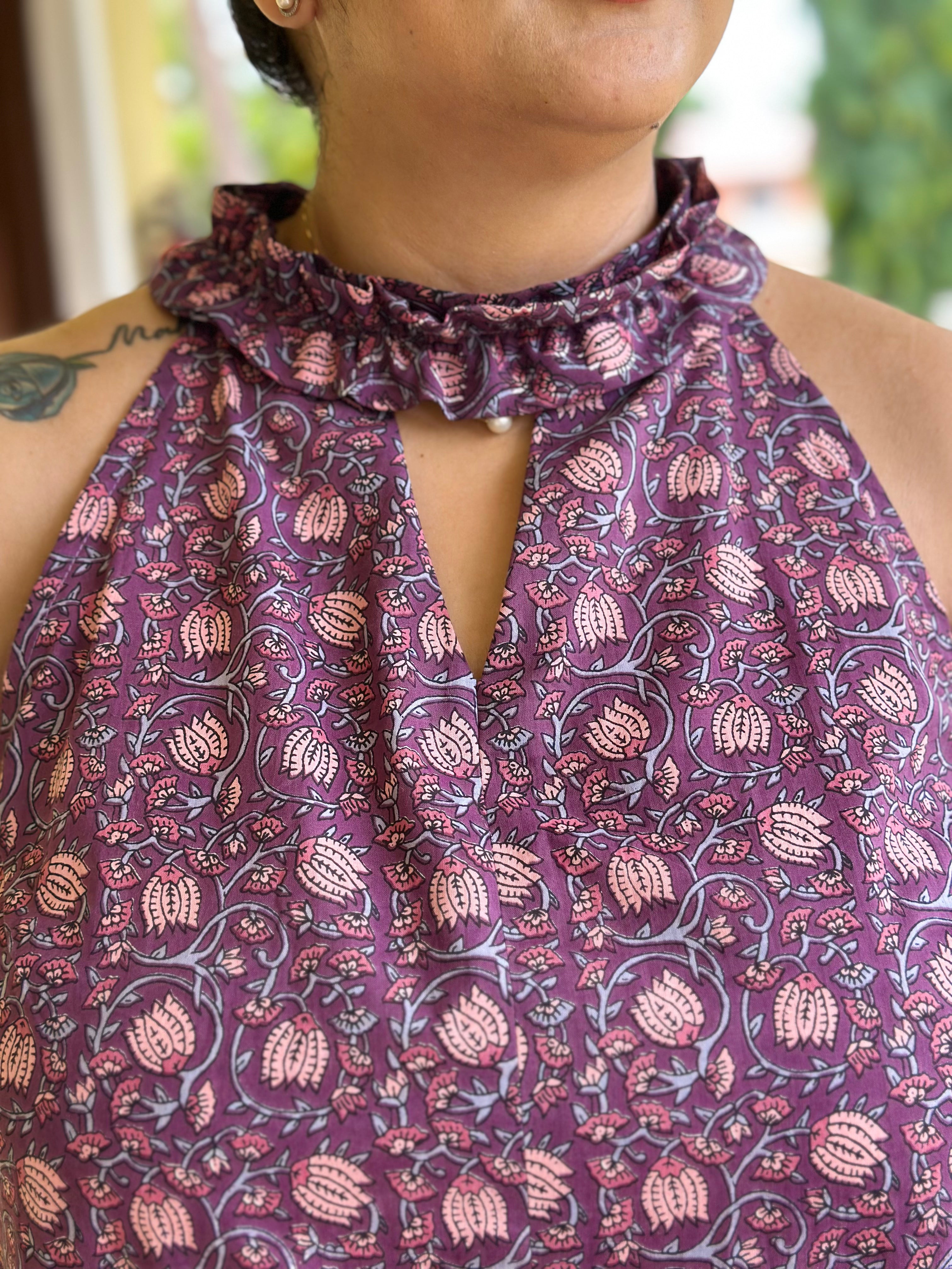 Sanganeri Breeze - Purple Handblock print halter neck short dress