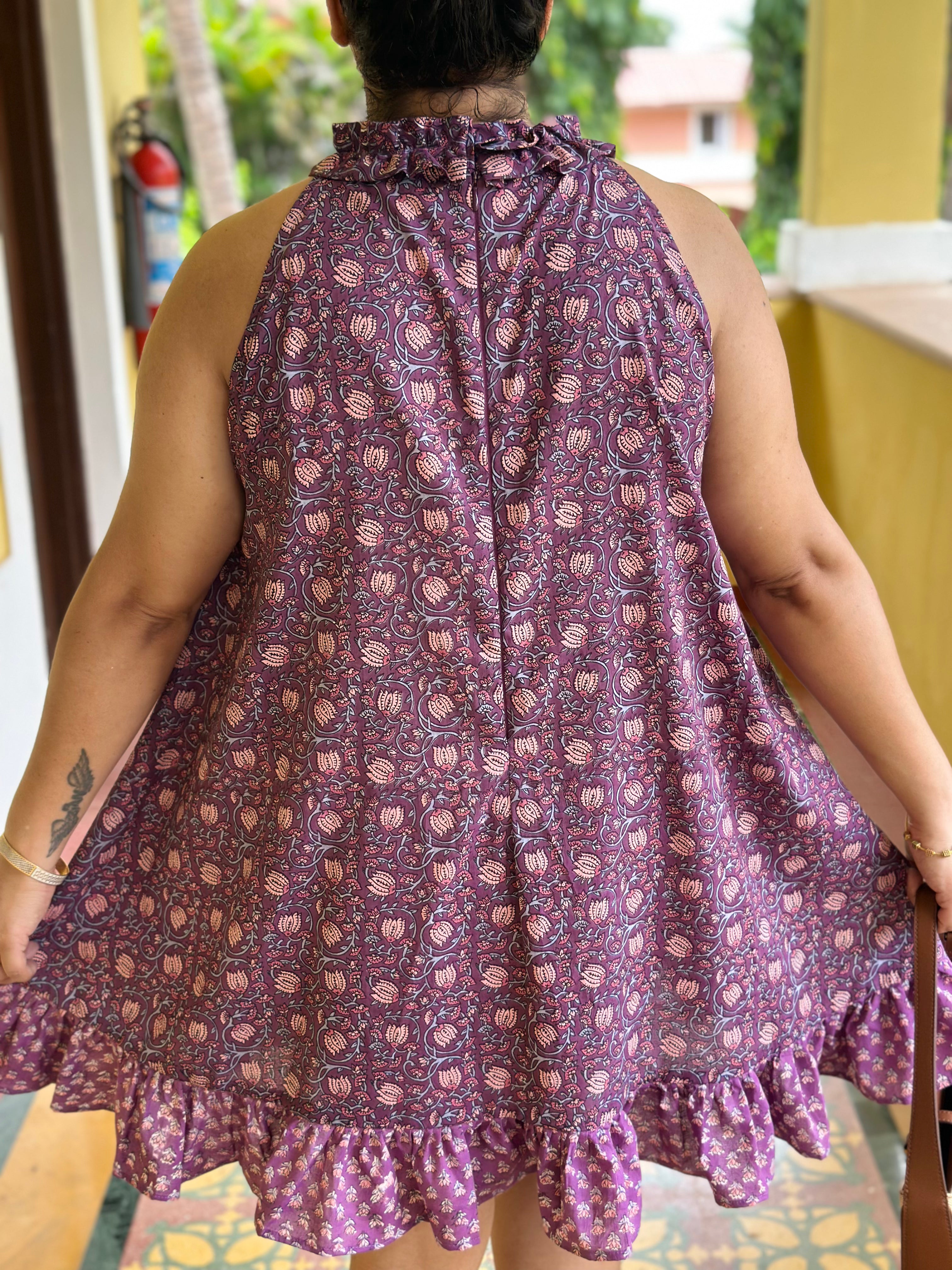 Sanganeri Breeze - Purple Handblock print halter neck short dress