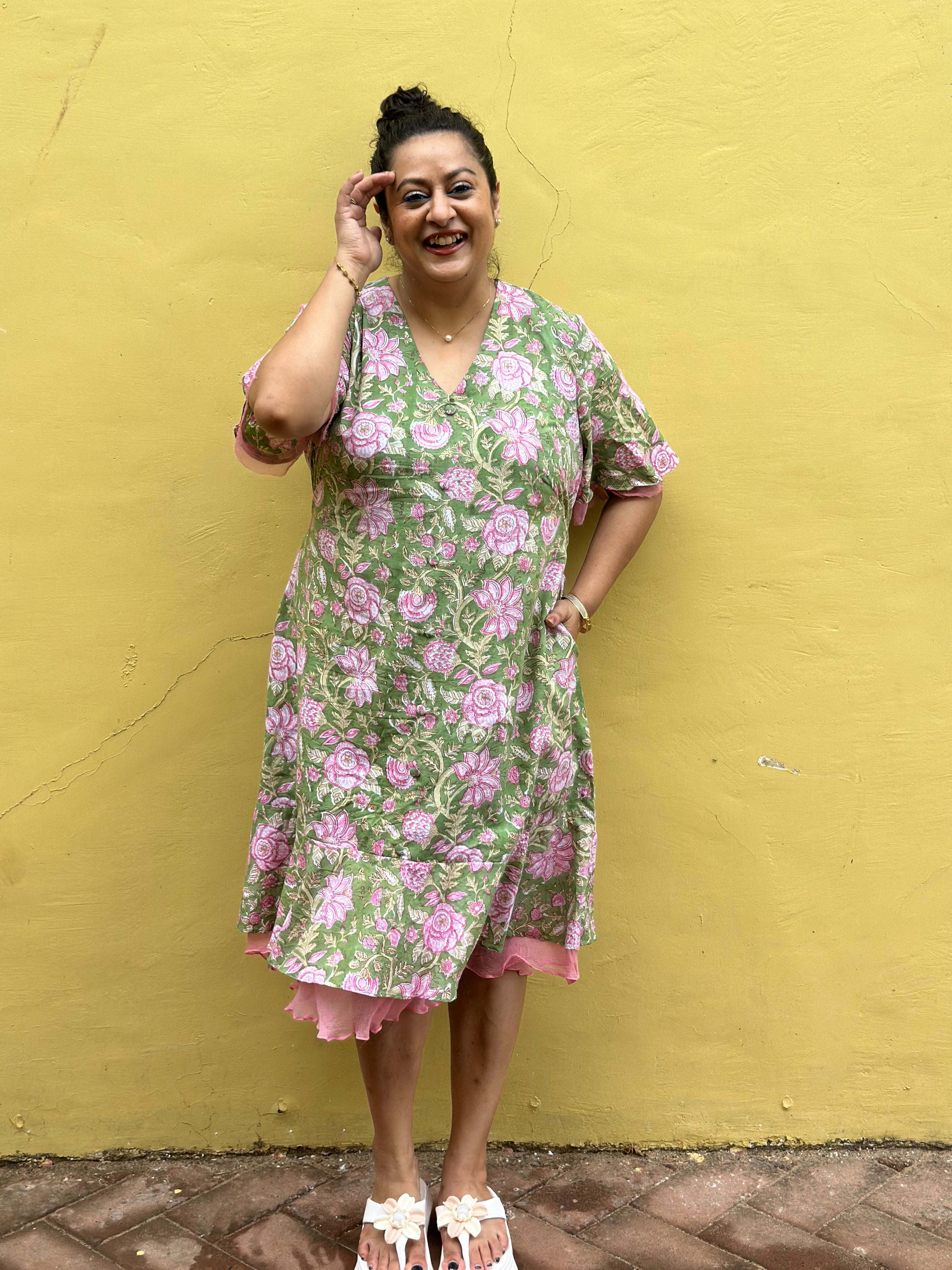 Rosé Garden- Green & Pink Handblock Printed Cotton Midi Dress with Chiffon Frills