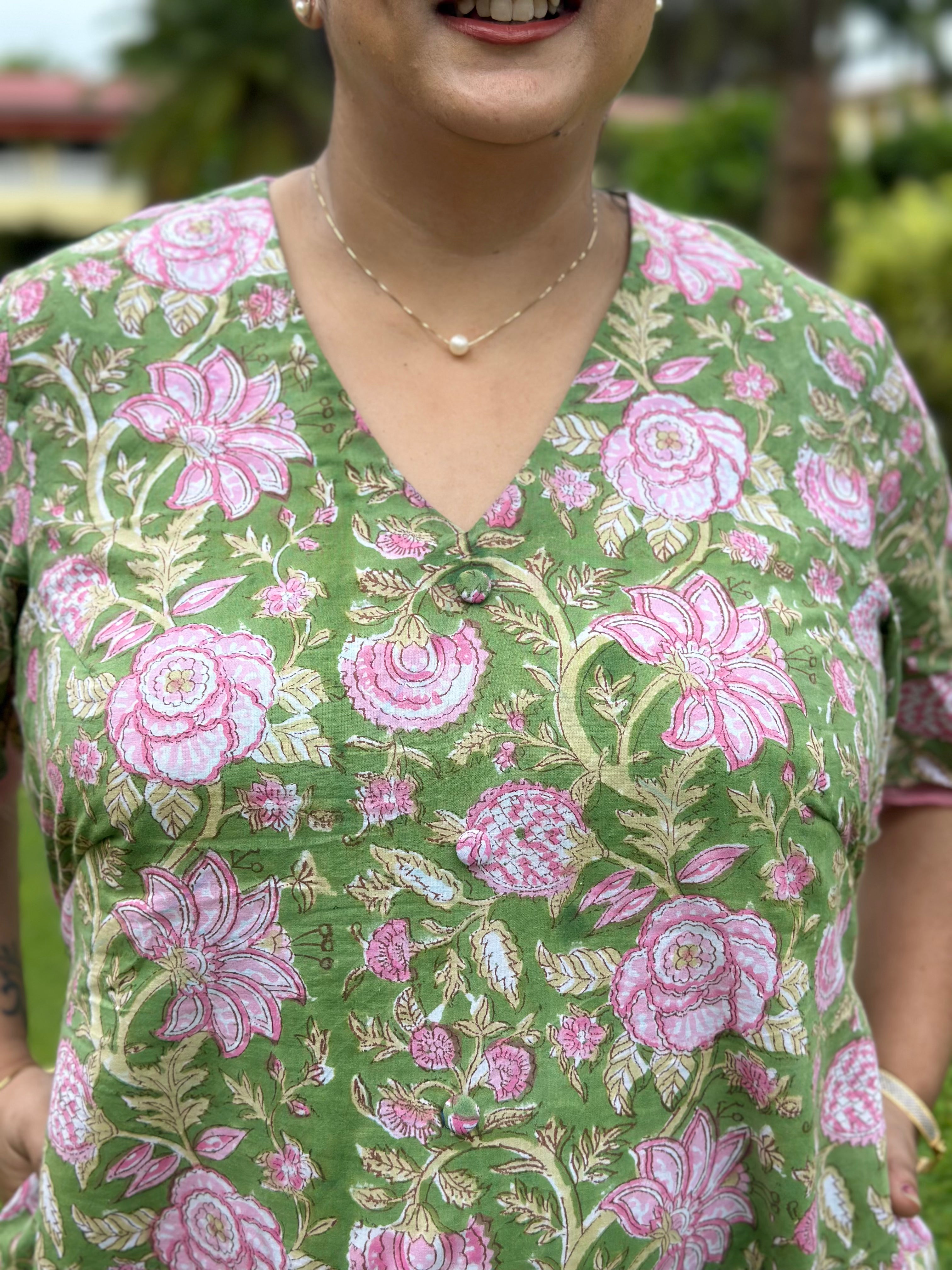 Rosé Garden- Green & Pink Handblock Printed Cotton Midi Dress with Chiffon Frills