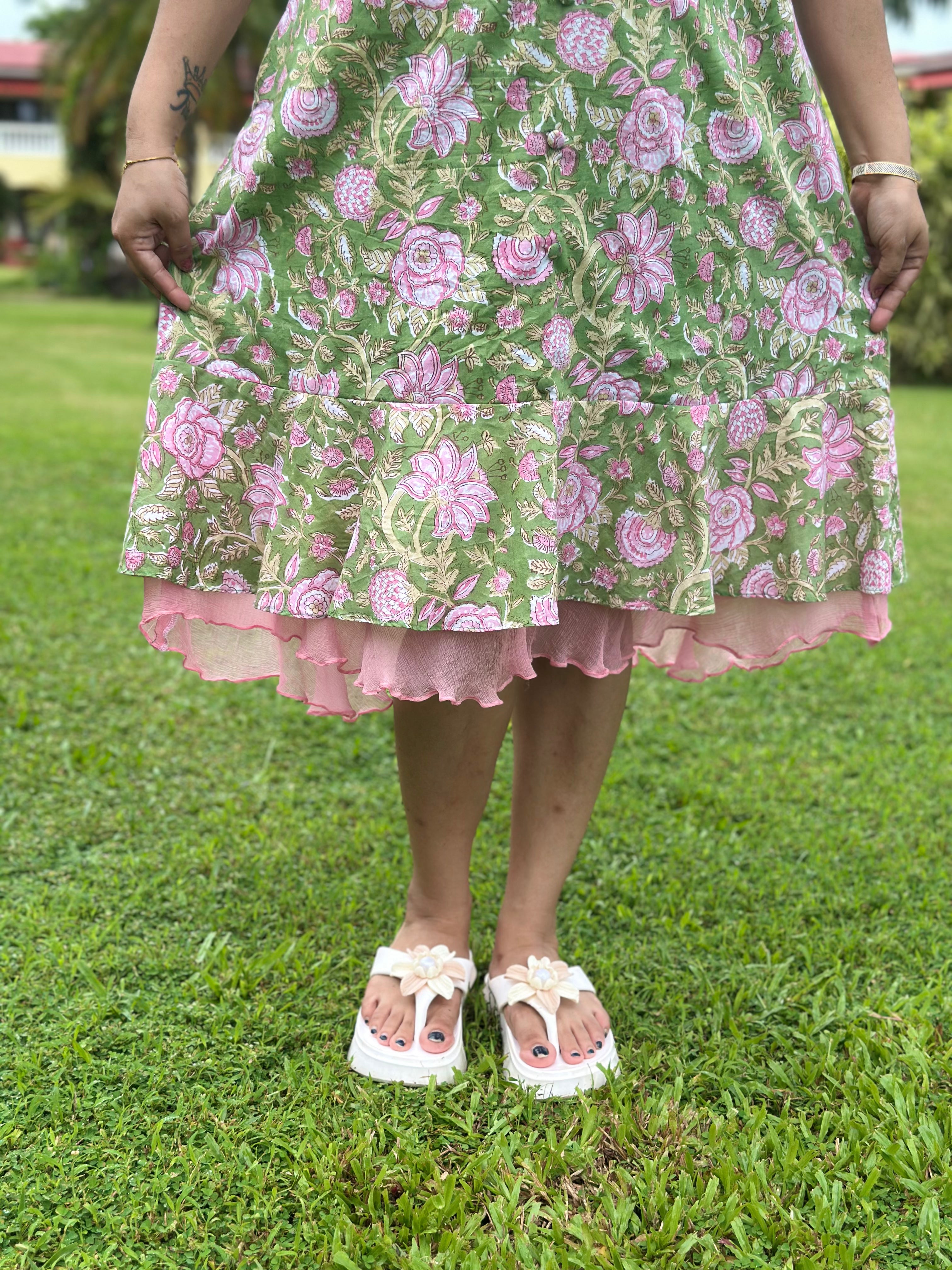 Rosé Garden- Green & Pink Handblock Printed Cotton Midi Dress with Chiffon Frills