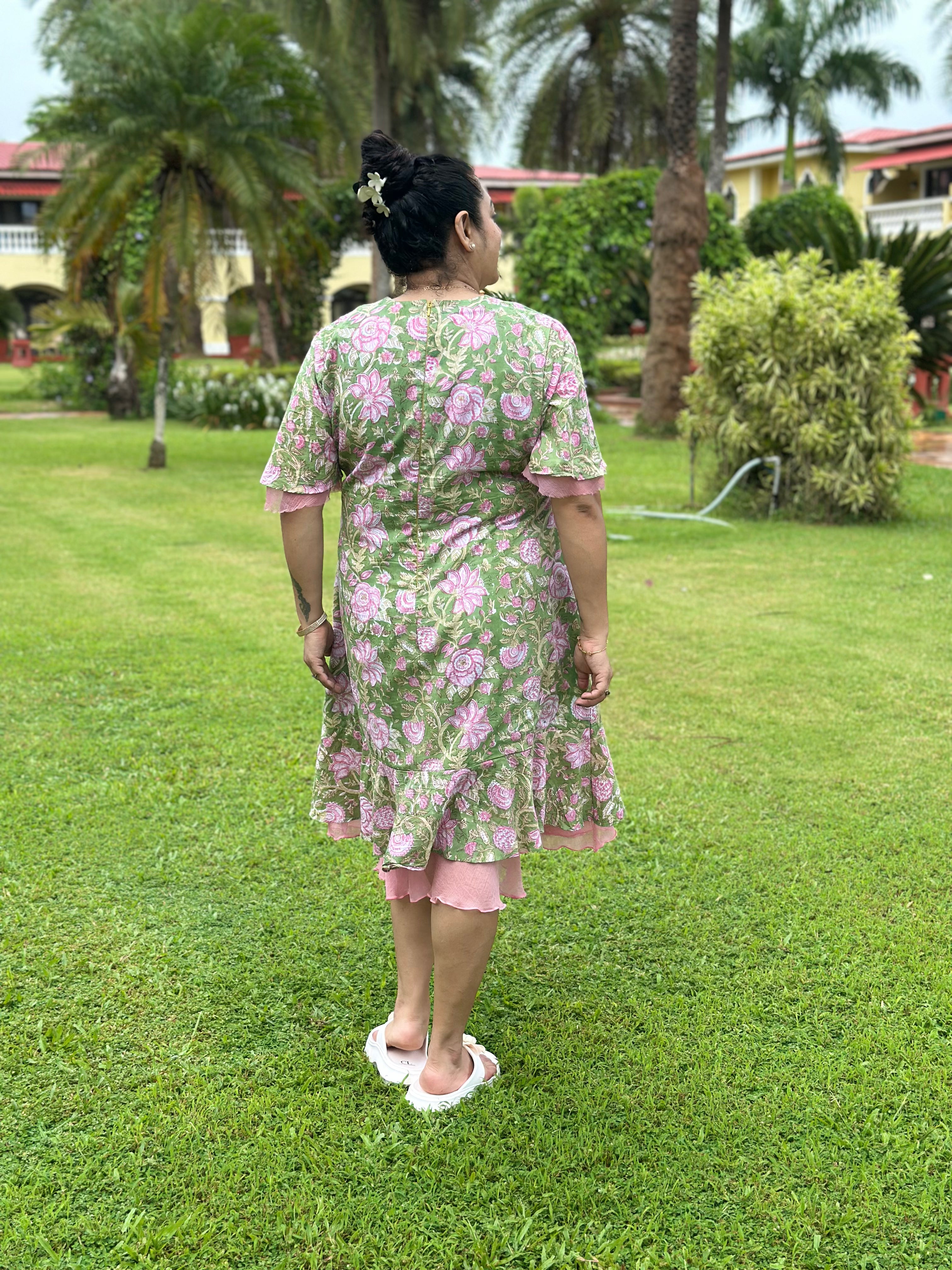 Rosé Garden- Green & Pink Handblock Printed Cotton Midi Dress with Chiffon Frills