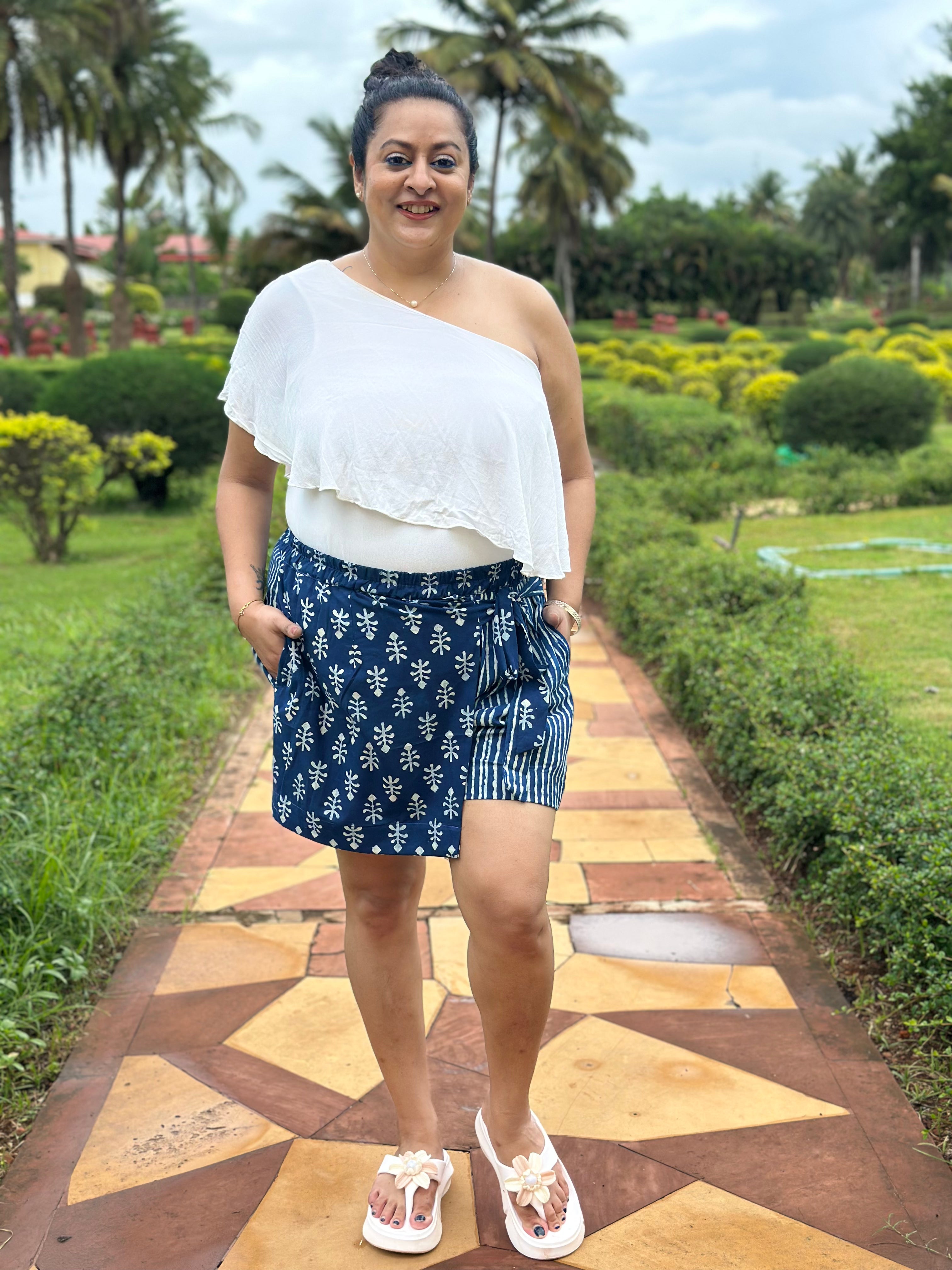 Boho Indigo Overlap Style Shorts Hand block print cotton Shorts