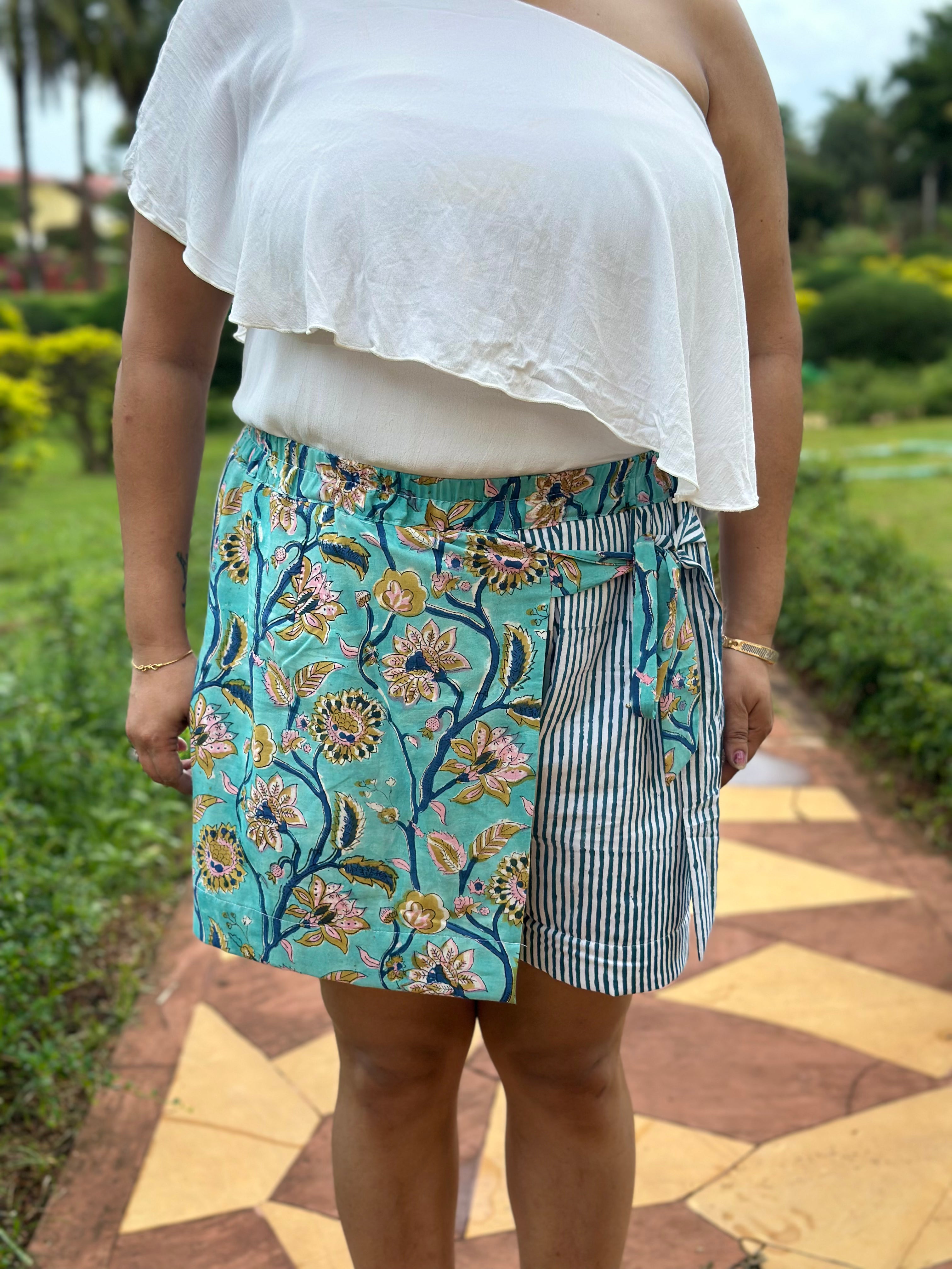 Neel Pushp - Overlap style Handblock print Cotton Shorts