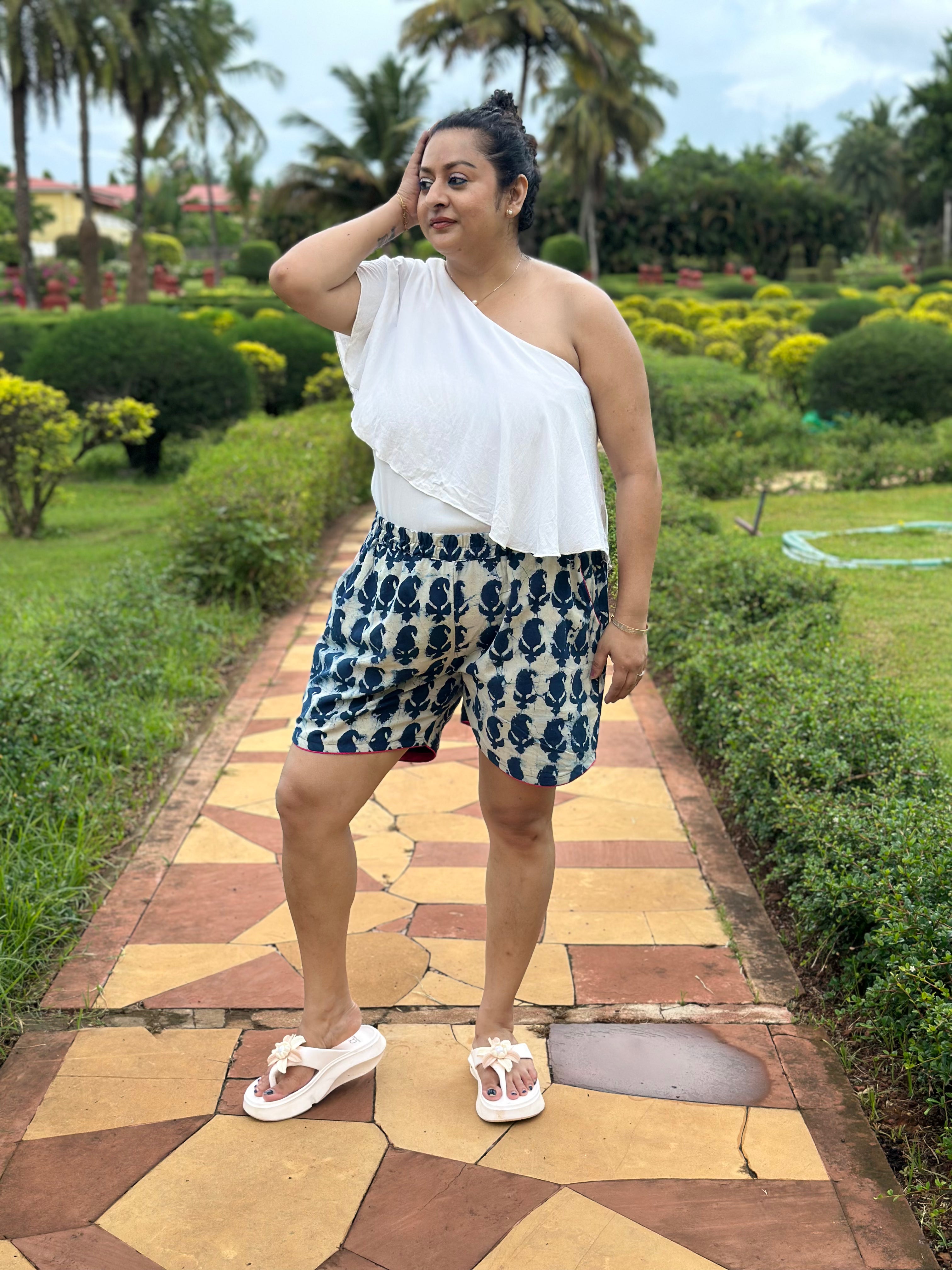 Pink Edge Paisley Handblock Print cotton shorts