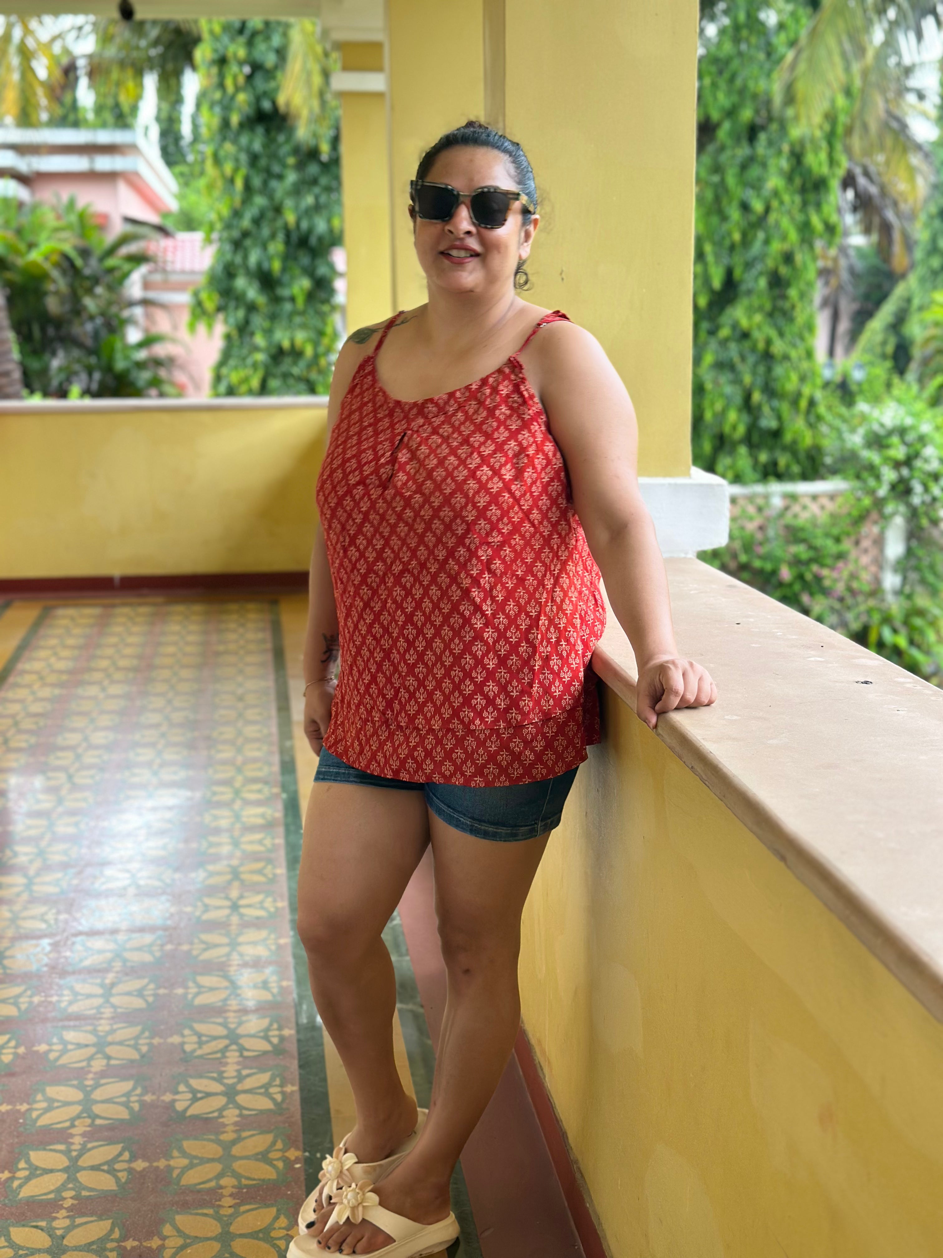 Red Bagru Booti Noodles Strap Modal Cotton Handblock Top