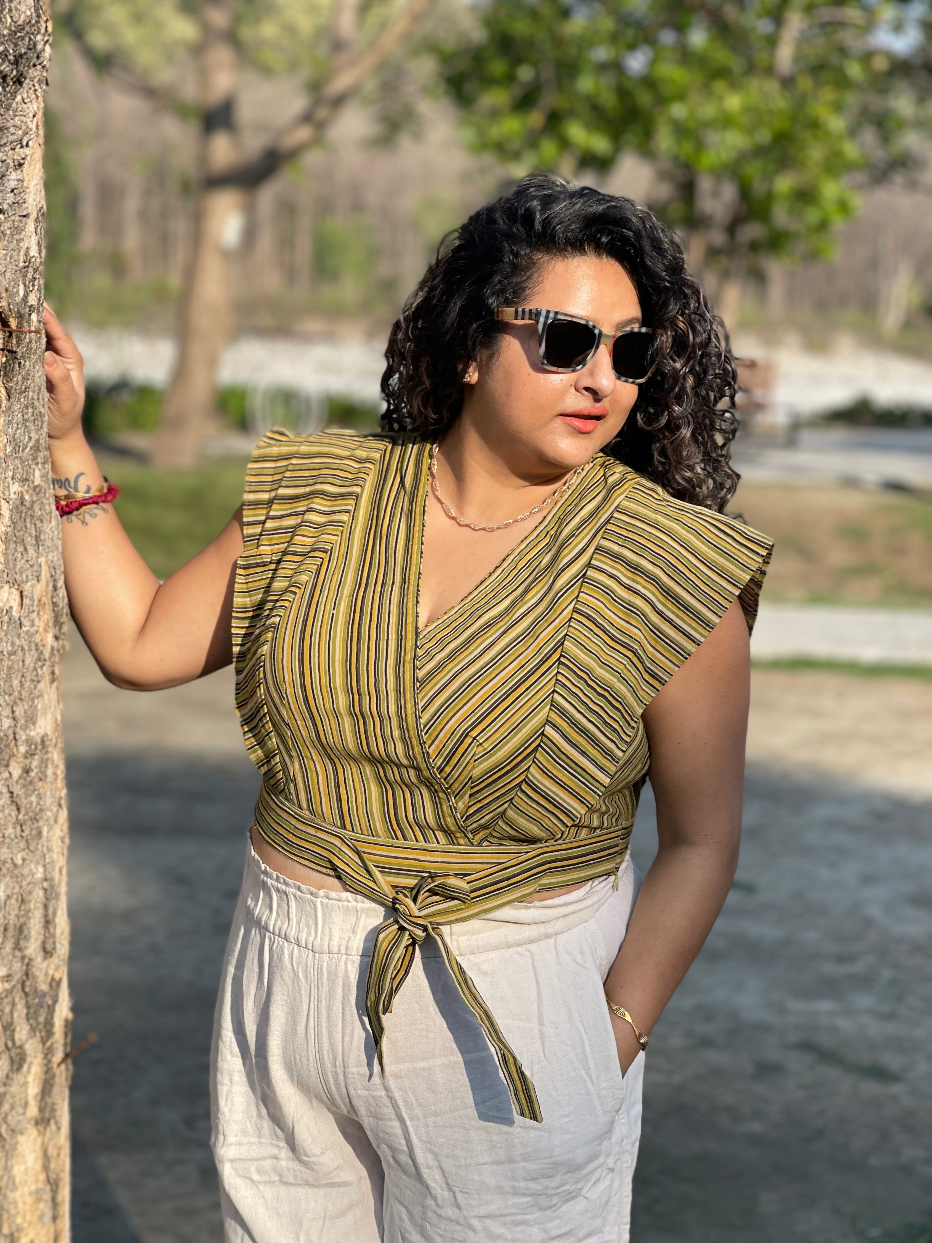 Olive Dabu Handblock Printed Stripe Cotton Top