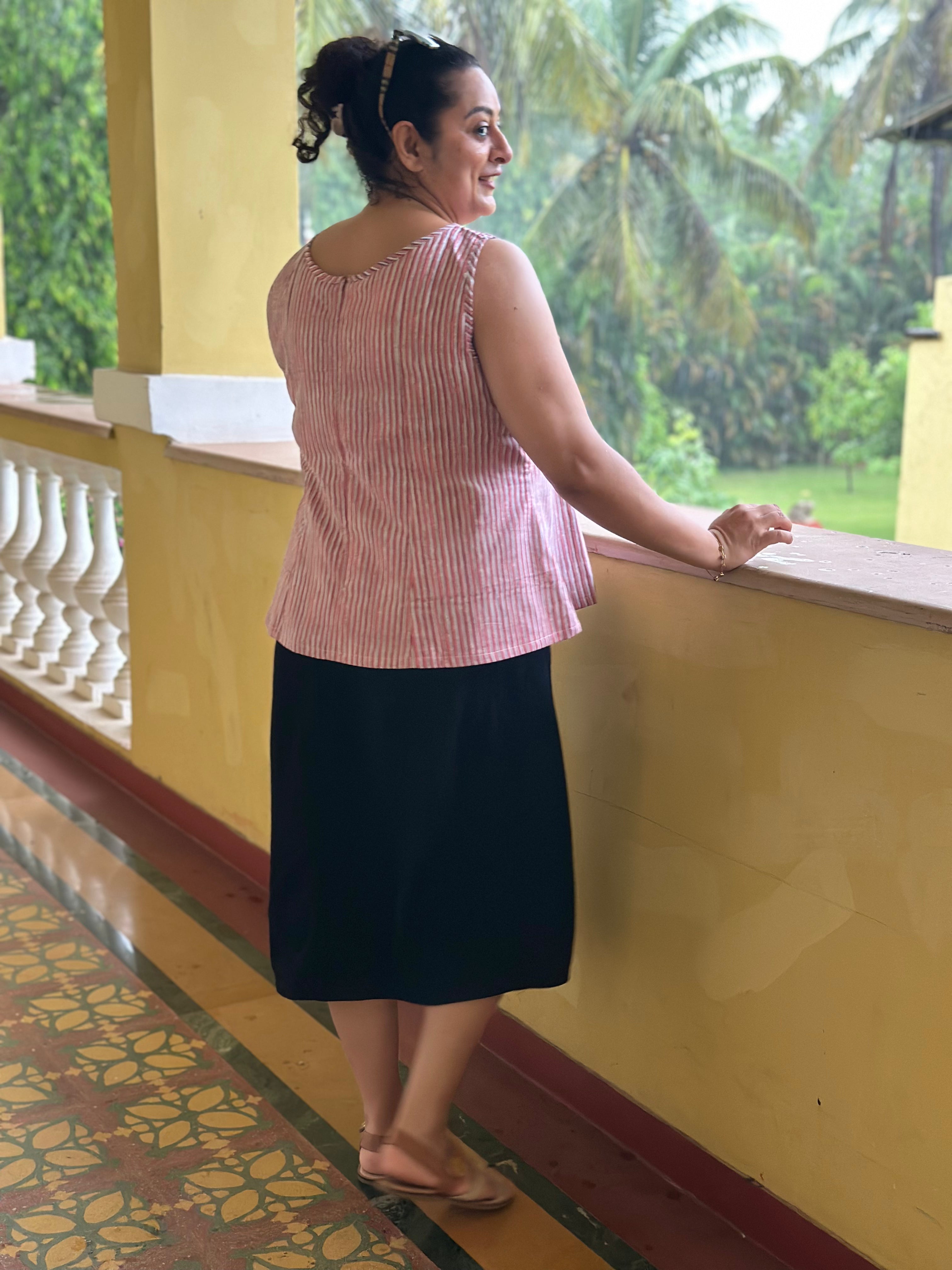 Rosewood Stripe- Indigo Dabu Stripe Handblock Printed Cotton Pepalum Sleeveless Top