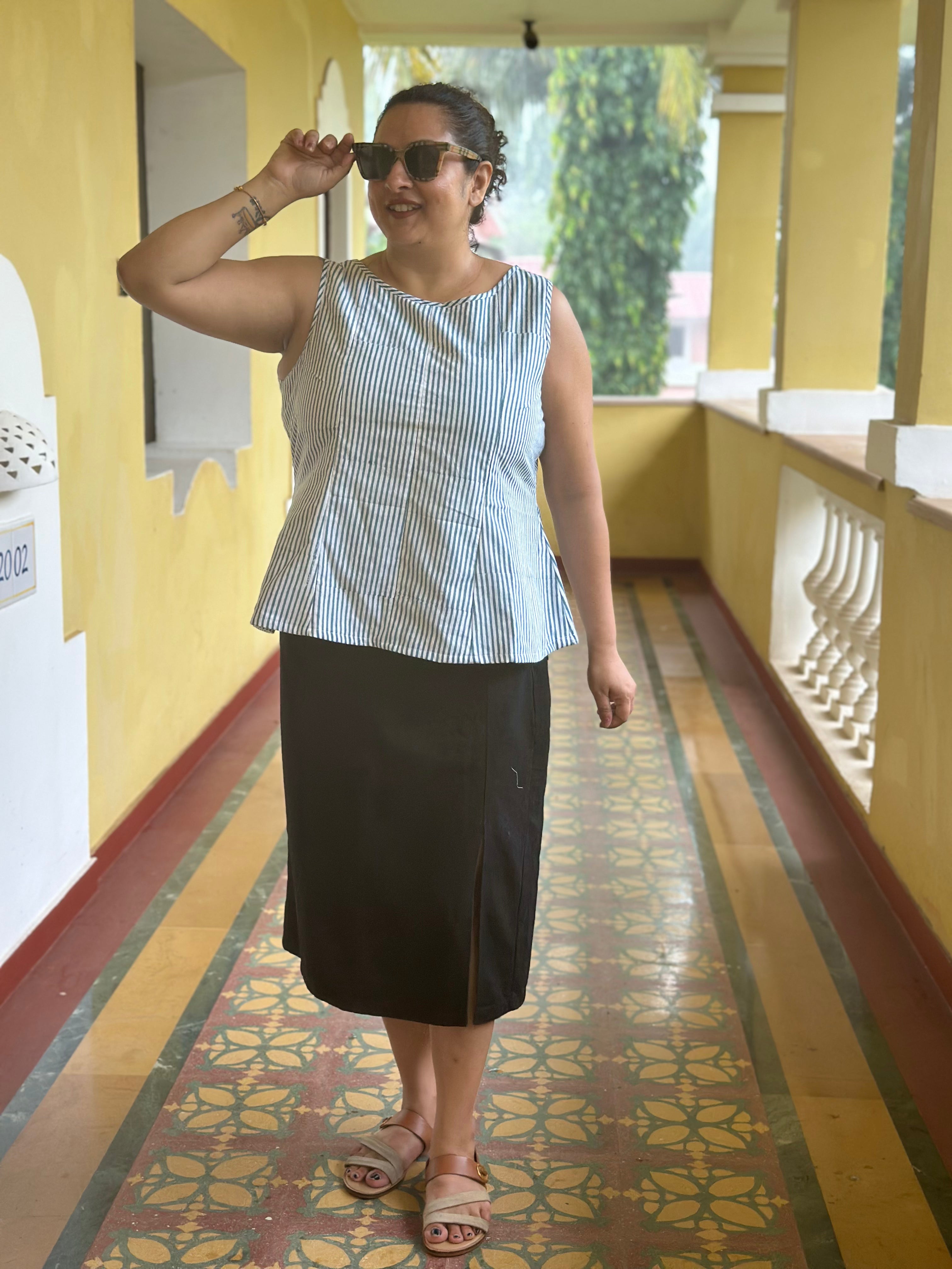 Summer Strip- Indigo Dabu Stripe Handblock Printed Peplum Cotton Sleeveless Top