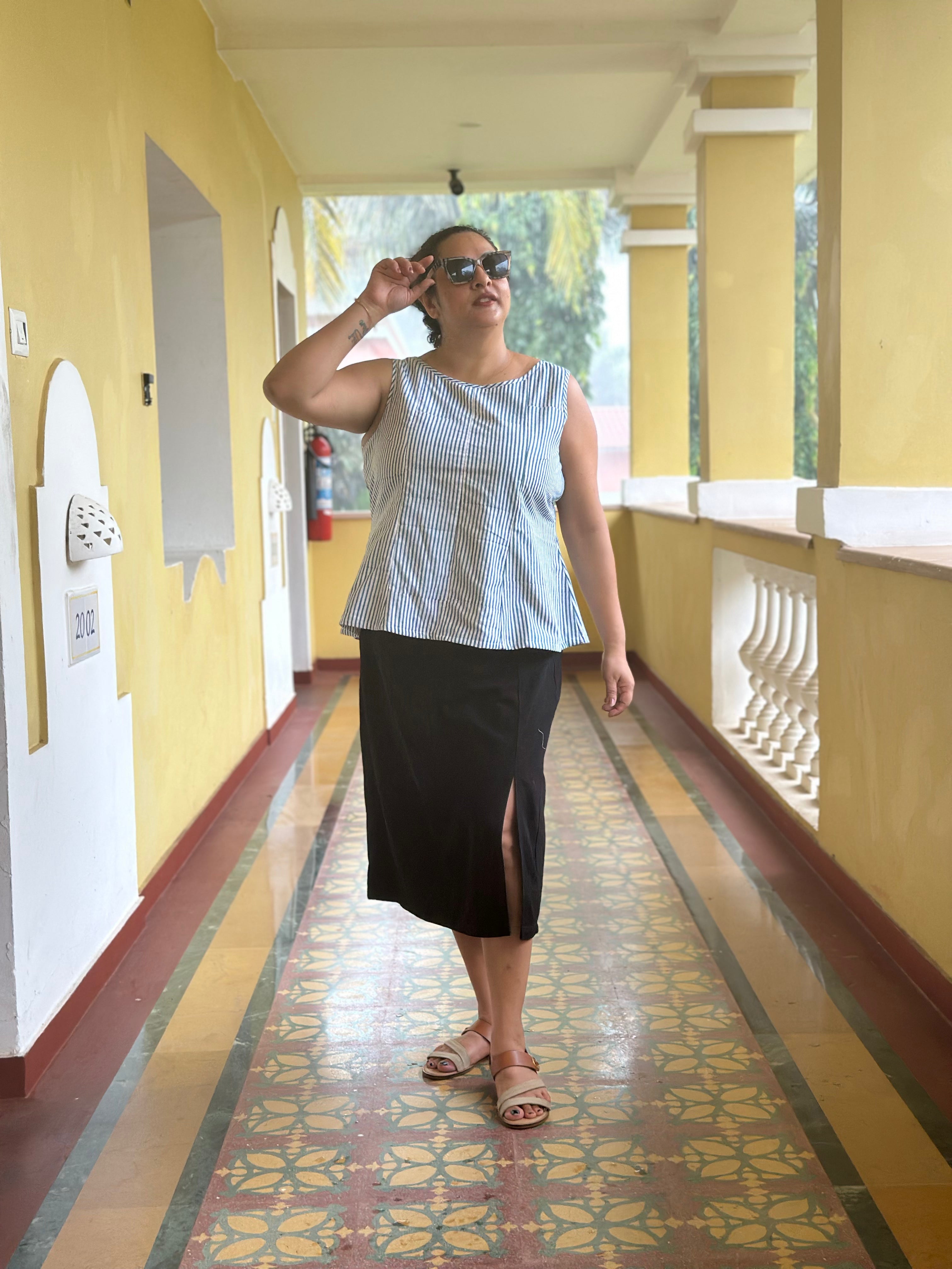 Summer Strip- Indigo Dabu Stripe Handblock Printed Peplum Cotton Sleeveless Top