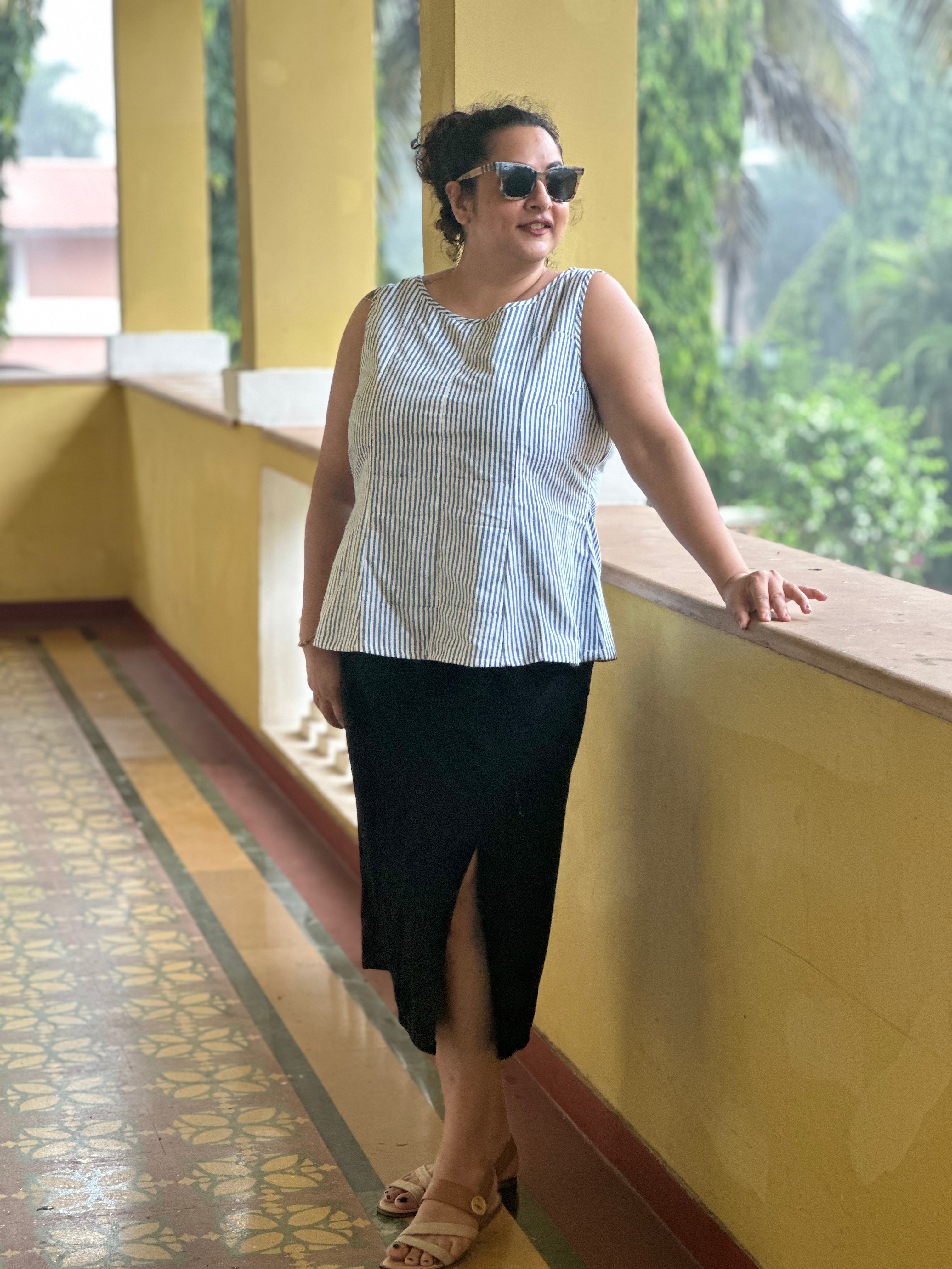 Summer Strip- Indigo Dabu Stripe Handblock Printed Peplum Cotton Sleeveless Top