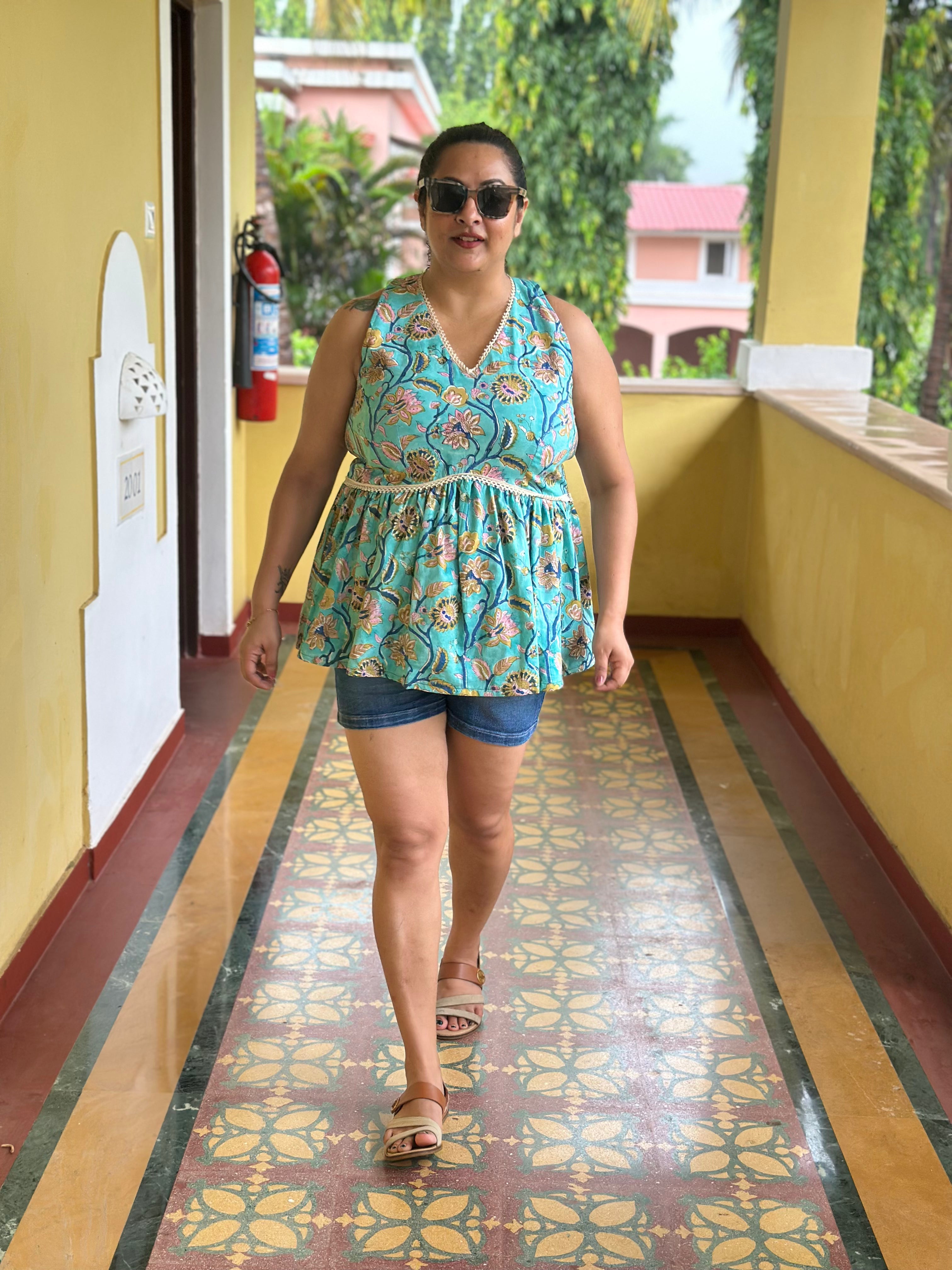 Bluebell Bloom- Blue Sanganeri Handblock Print Cotton Peplum Top