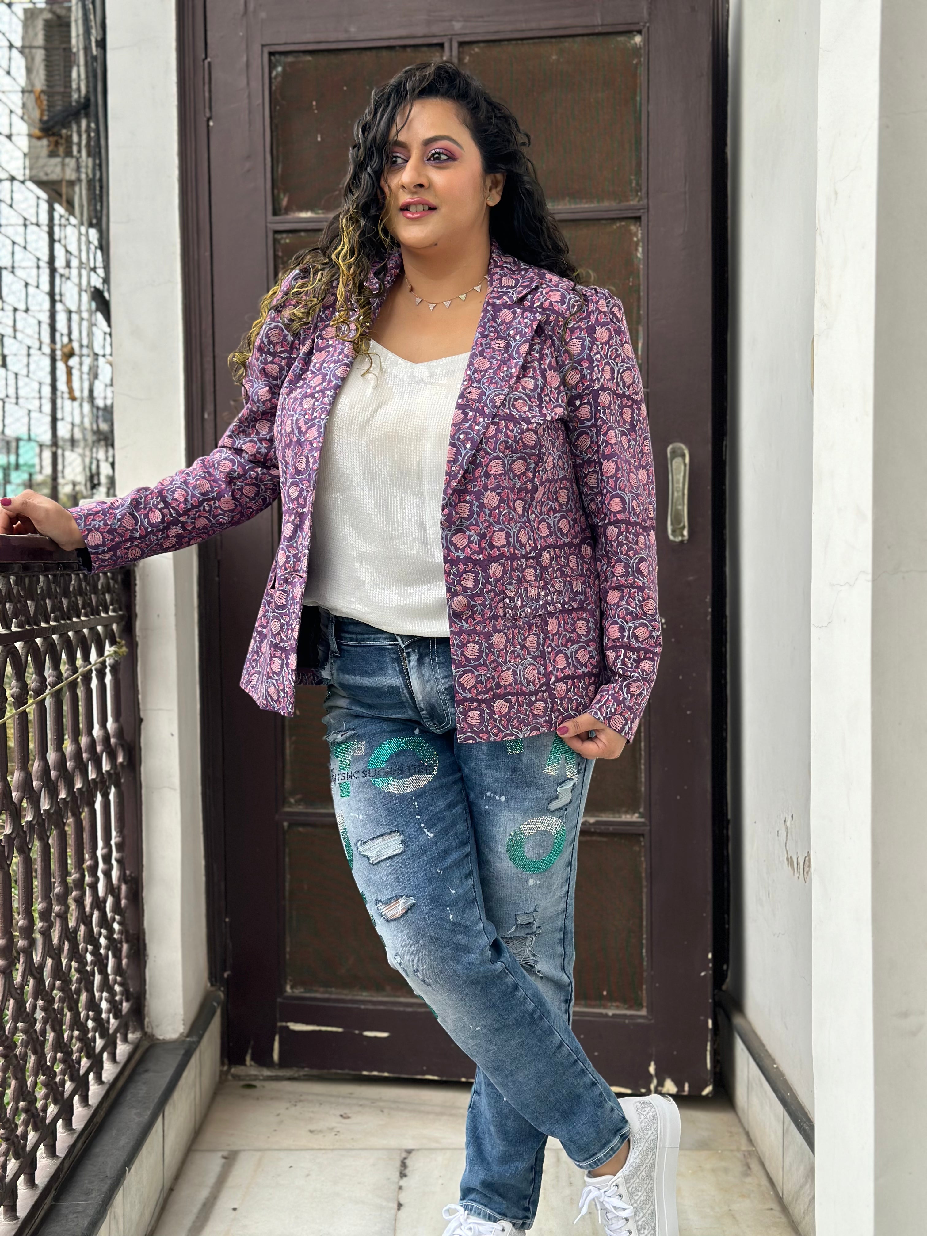Lilac Whisper -Purple  Sanagneri Handblock Print Cotton Blazer