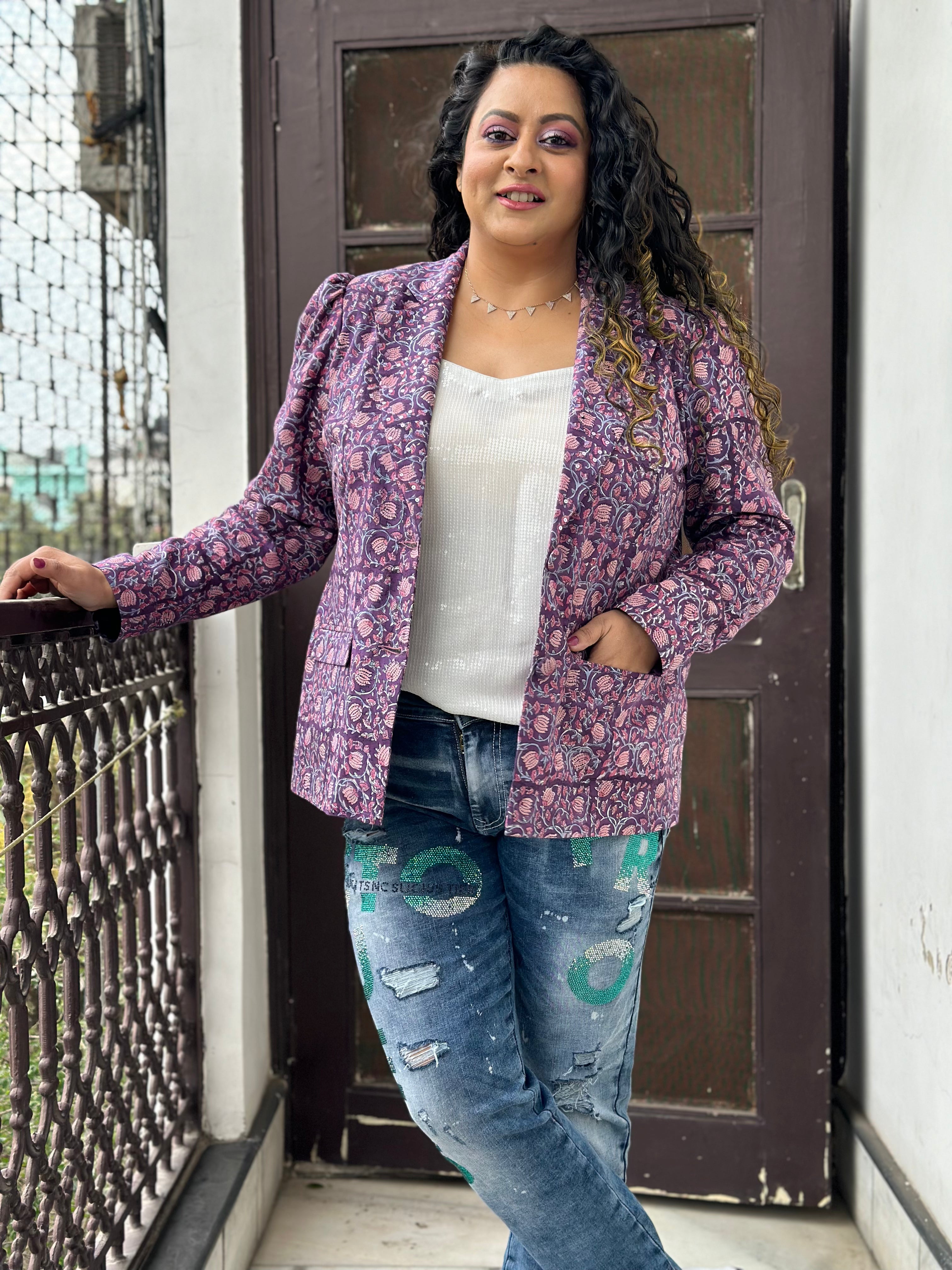Lilac Whisper -Purple  Sanagneri Handblock Print Cotton Blazer