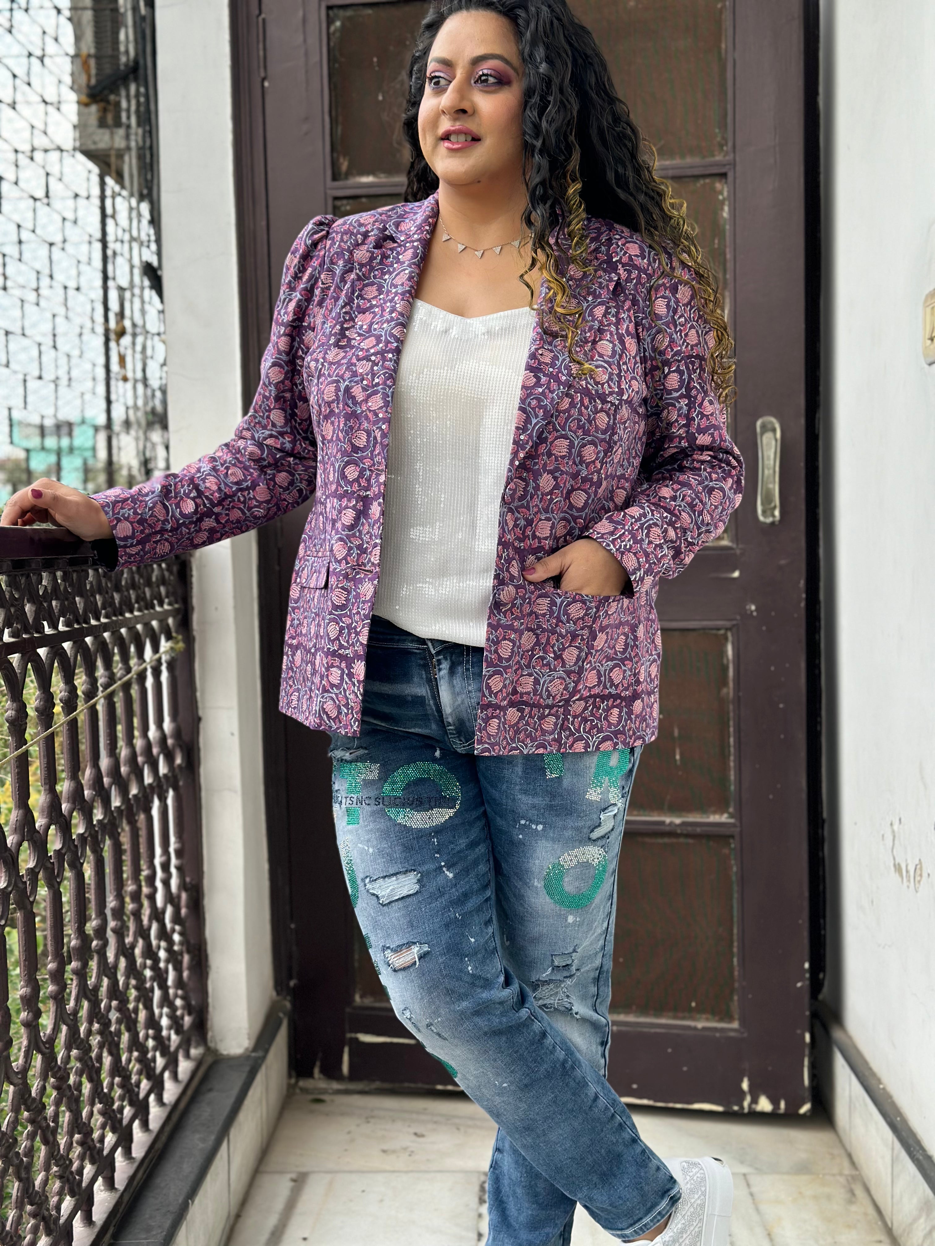 Lilac Whisper -Purple  Sanagneri Handblock Print Cotton Blazer