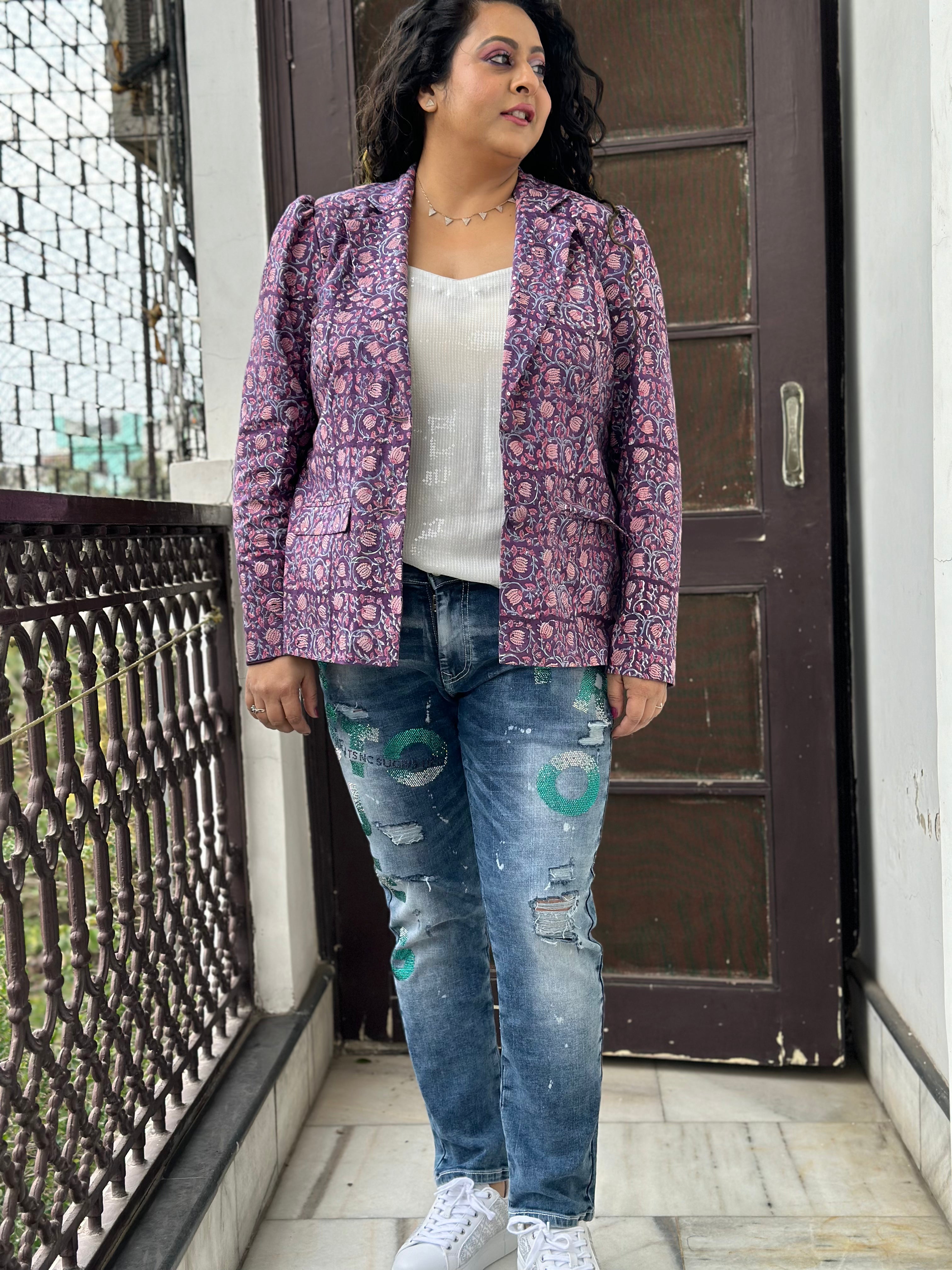 Lilac Whisper -Purple  Sanagneri Handblock Print Cotton Blazer