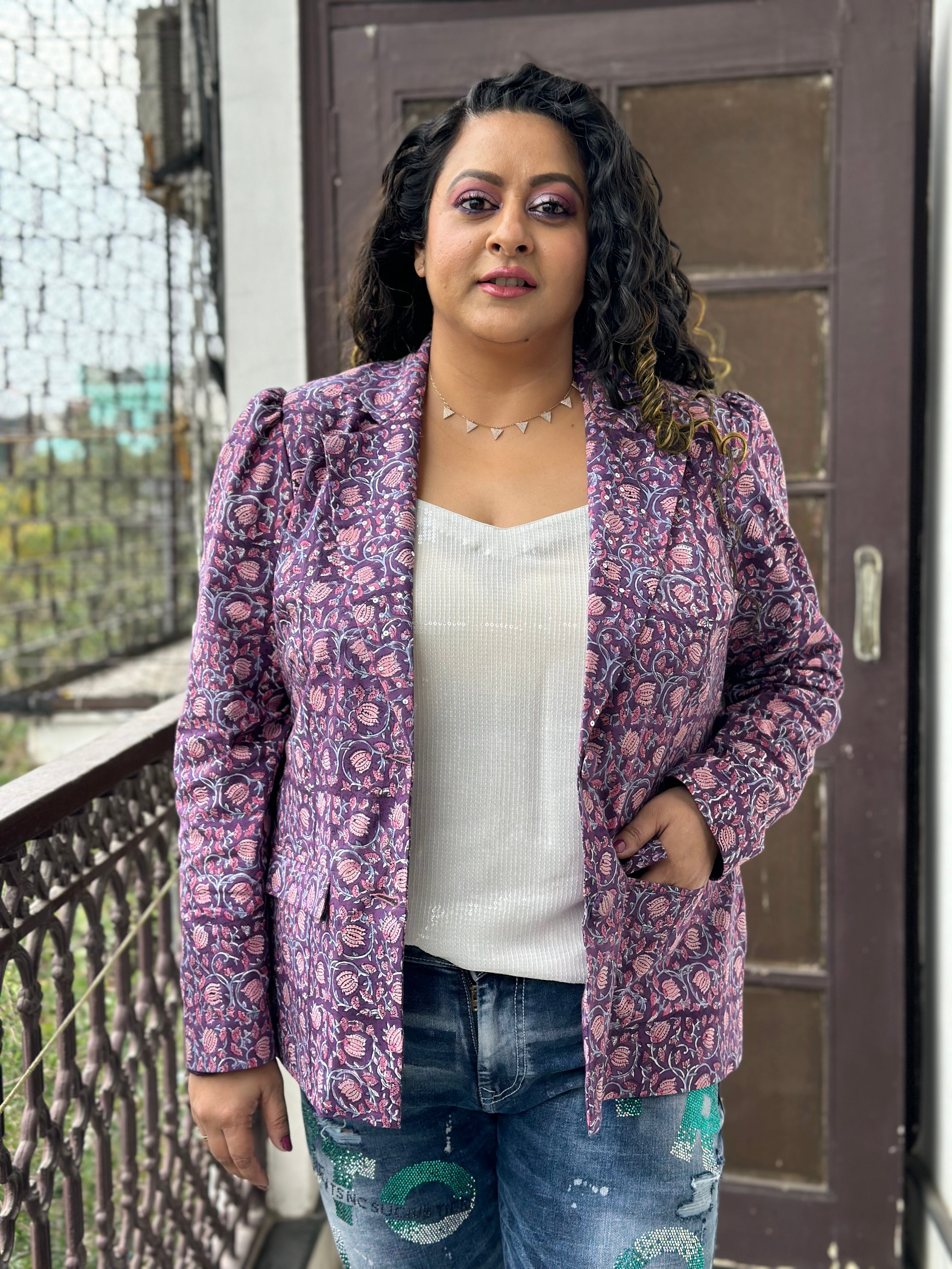 Lilac Whisper -Purple  Sanagneri Handblock Print Cotton Blazer