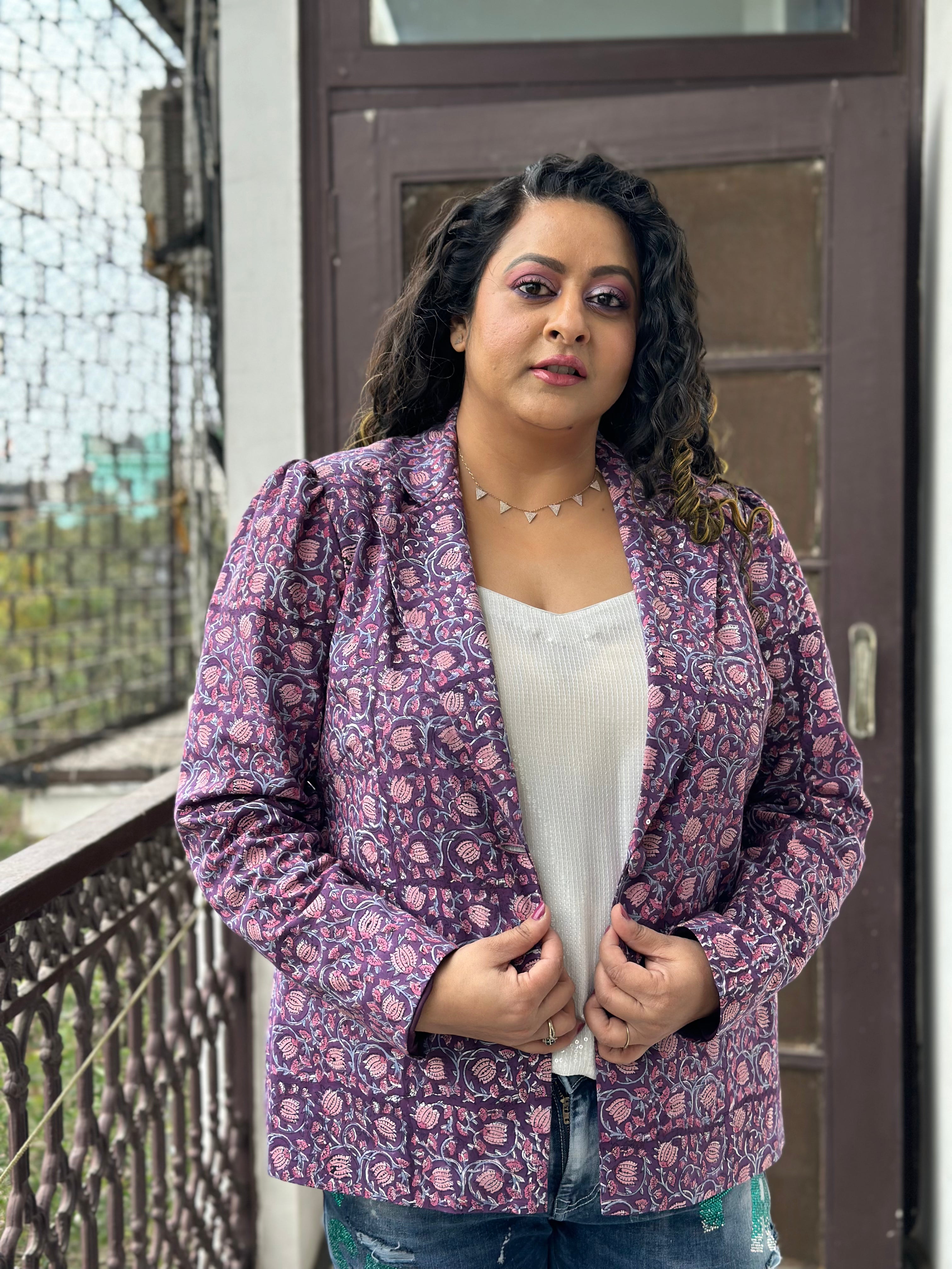 Lilac Whisper -Purple  Sanagneri Handblock Print Cotton Blazer
