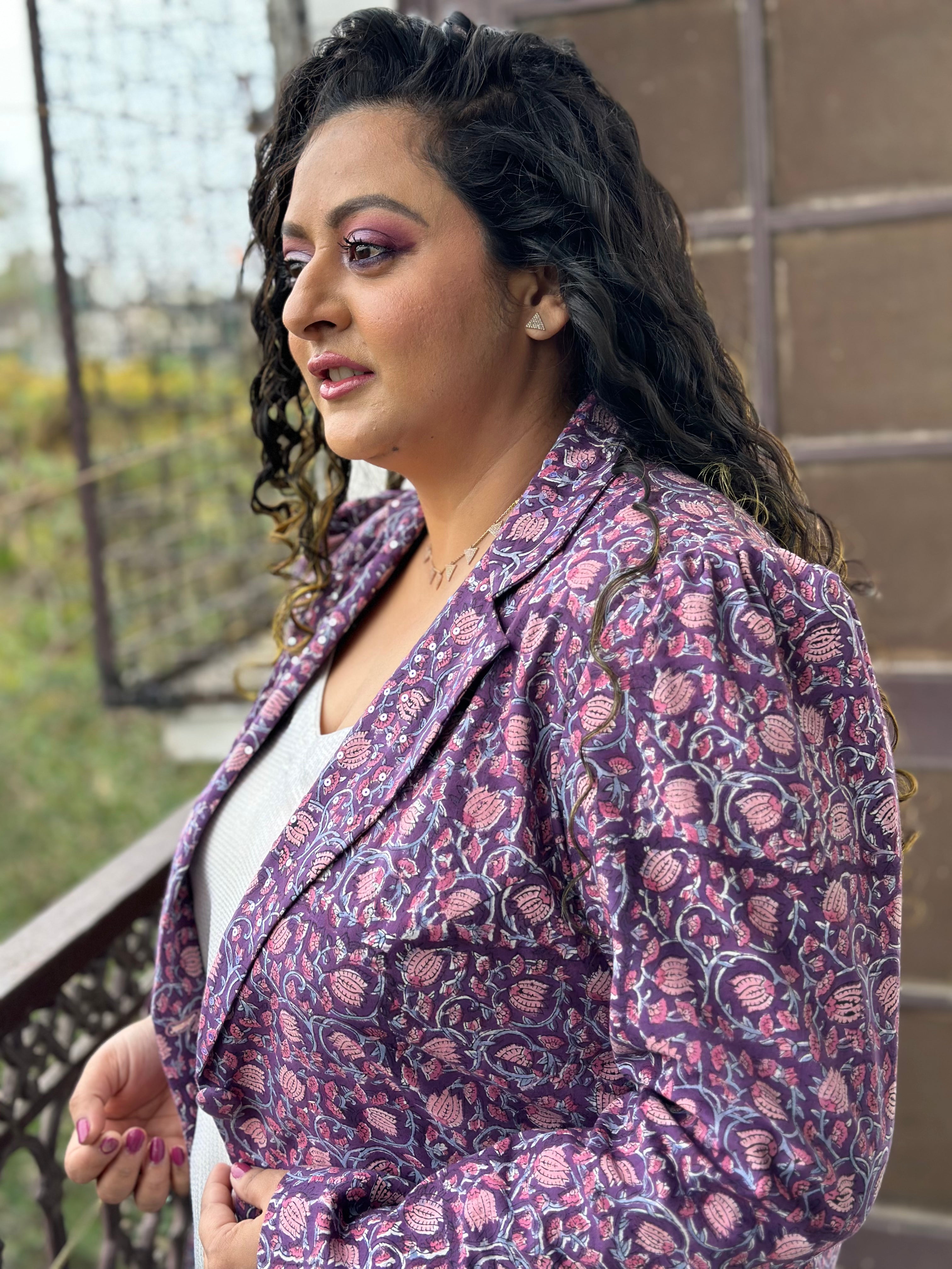 Lilac Whisper -Purple  Sanagneri Handblock Print Cotton Blazer
