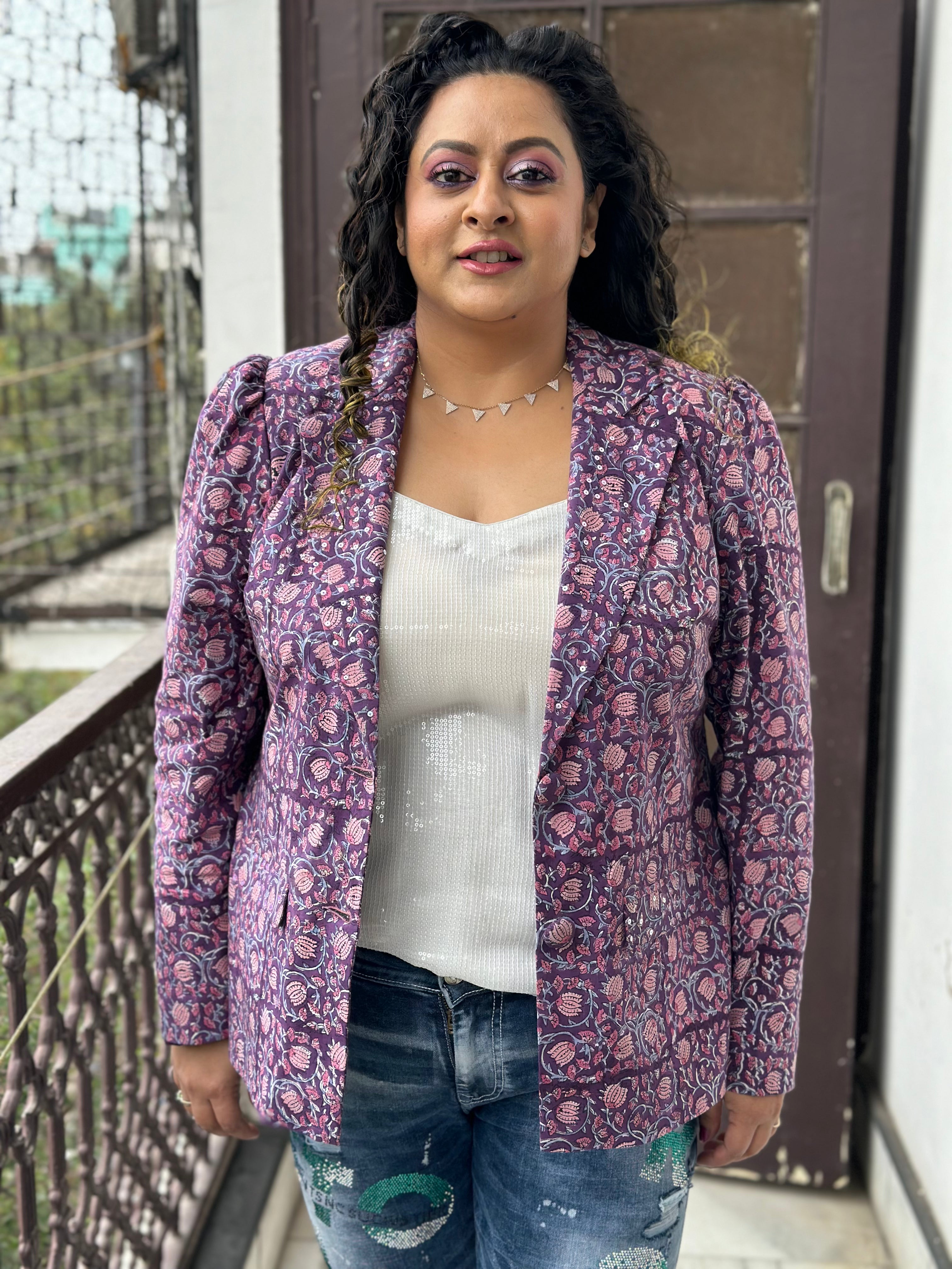 Lilac Whisper -Purple  Sanagneri Handblock Print Cotton Blazer