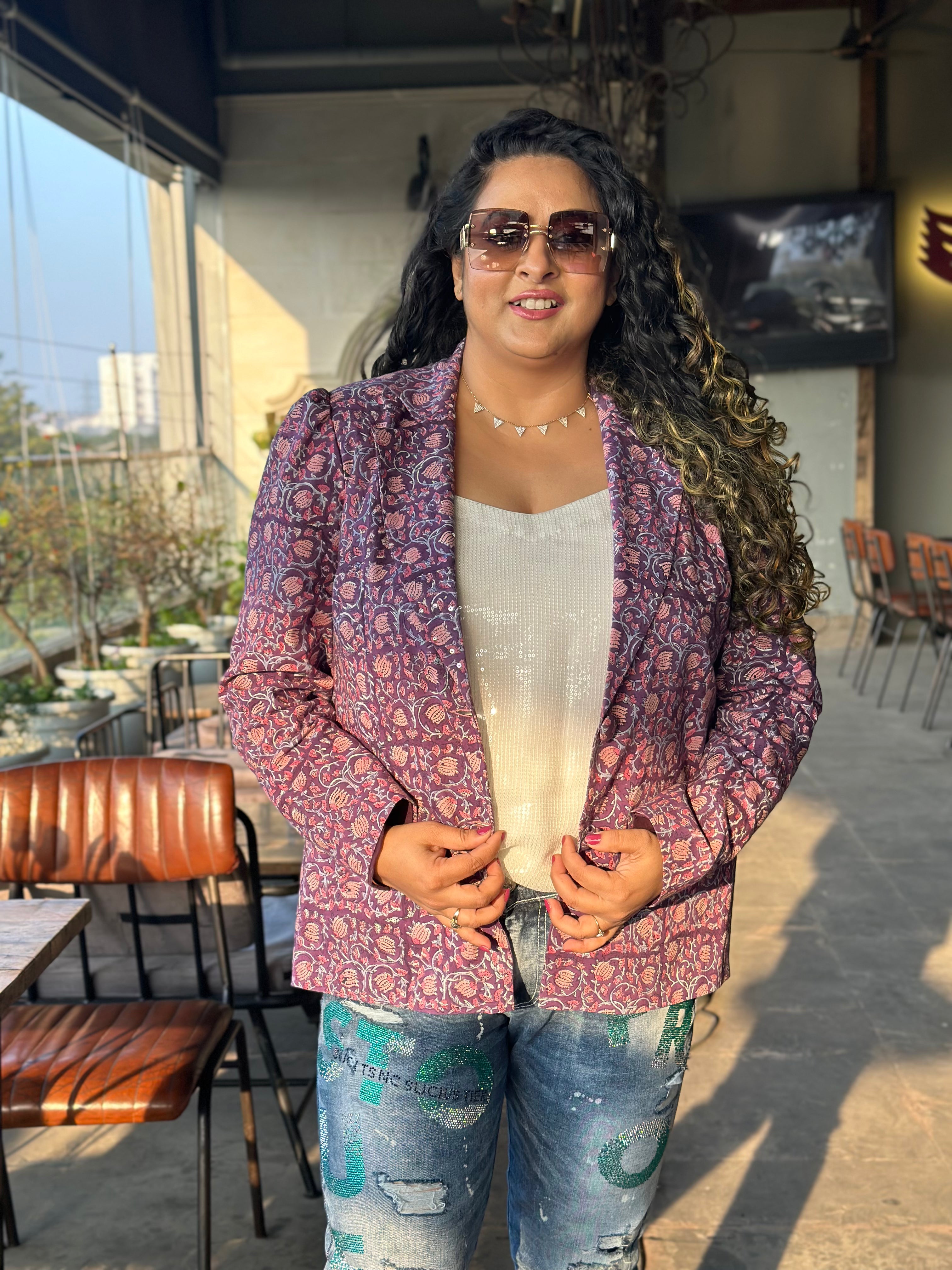 Lilac Whisper -Purple  Sanagneri Handblock Print Cotton Blazer