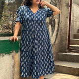 Indigo Dabu Booti Handblock print A-lin cotton dress with Pink stitch work