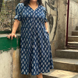 Indigo Dabu Booti Handblock print A-lin cotton dress with Pink stitch work