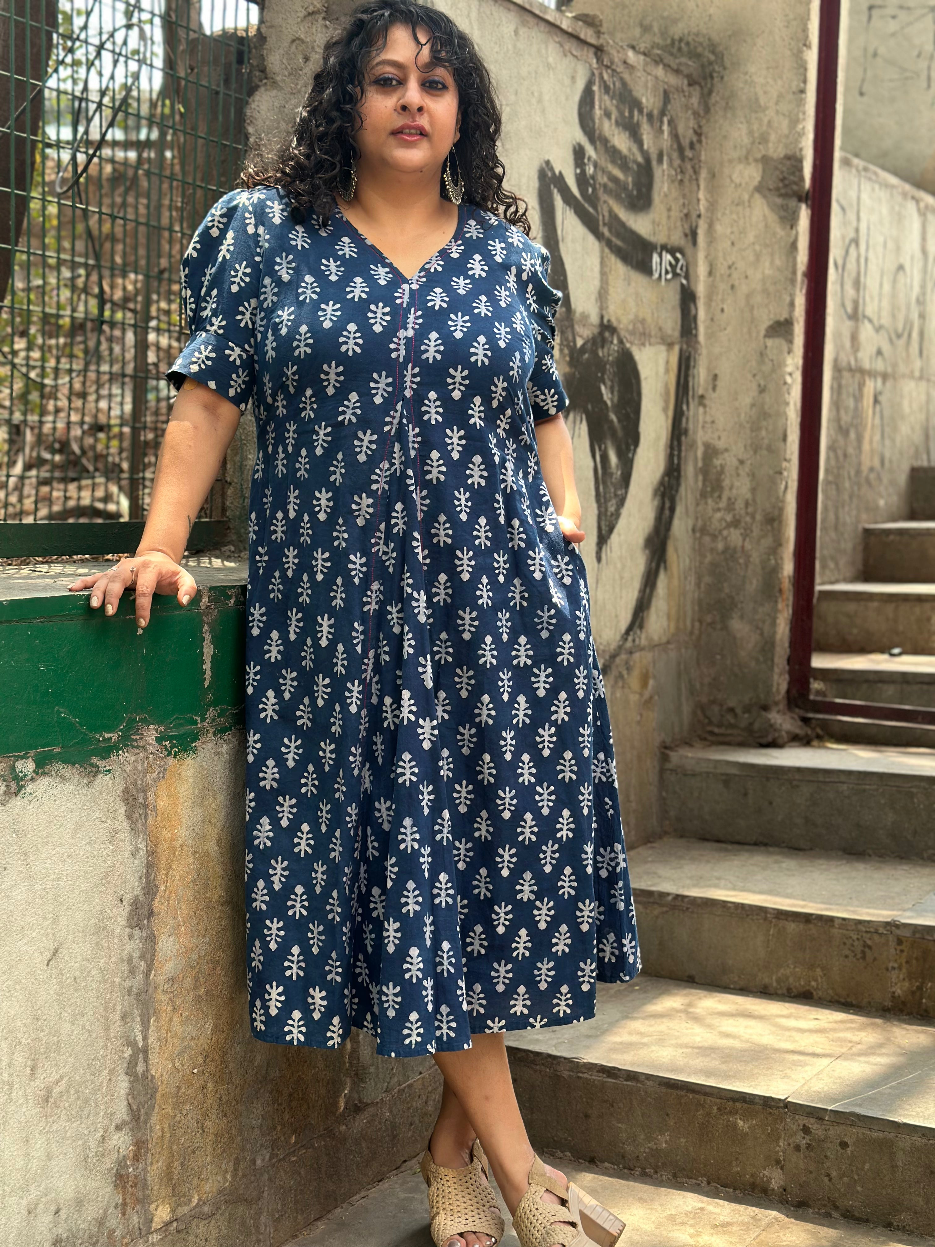 Indigo Dabu Booti Handblock print A-lin cotton dress with Pink stitch work