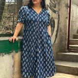 Indigo Dabu Booti Handblock print A-lin cotton dress with Pink stitch work