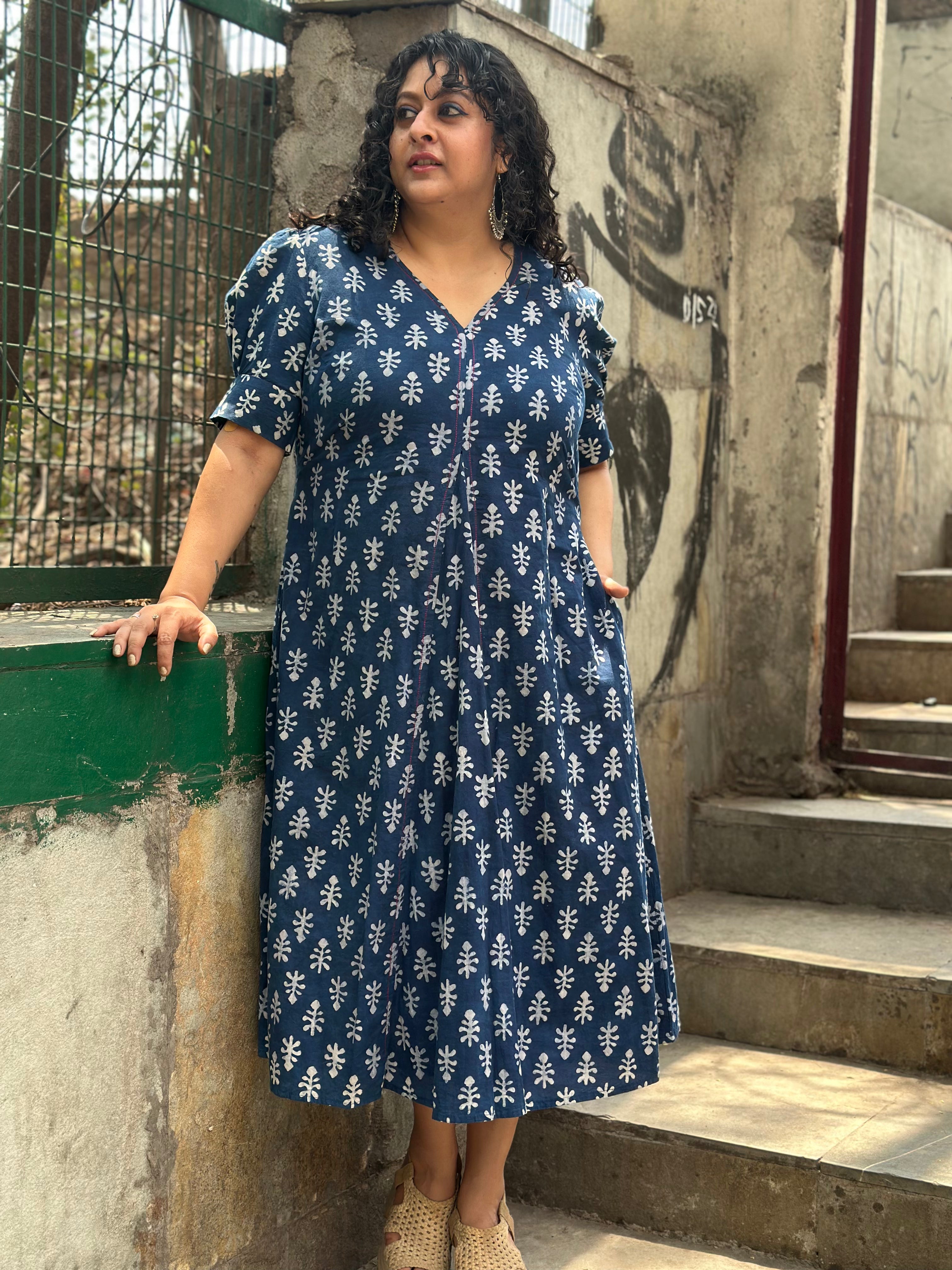 Indigo Dabu Booti Handblock print A-lin cotton dress with Pink stitch work