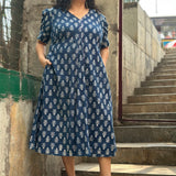 Indigo Dabu Booti Handblock print A-lin cotton dress with Pink stitch work