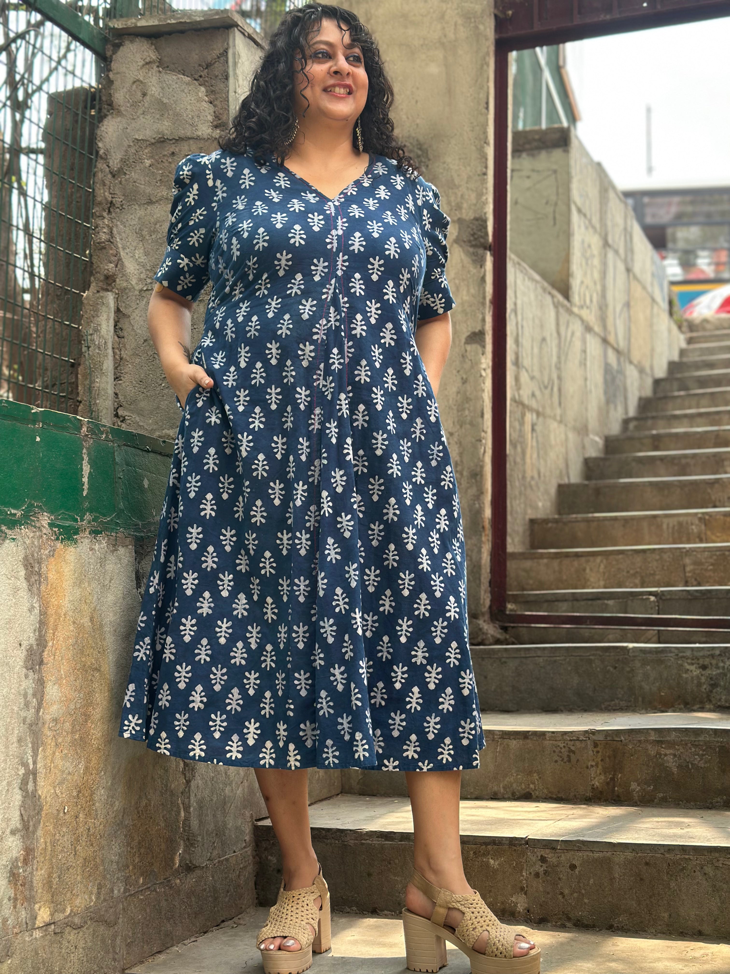Indigo Dabu Booti Handblock print A-lin cotton dress with Pink stitch work