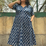 Indigo Dabu Booti Handblock print A-lin cotton dress with Pink stitch work