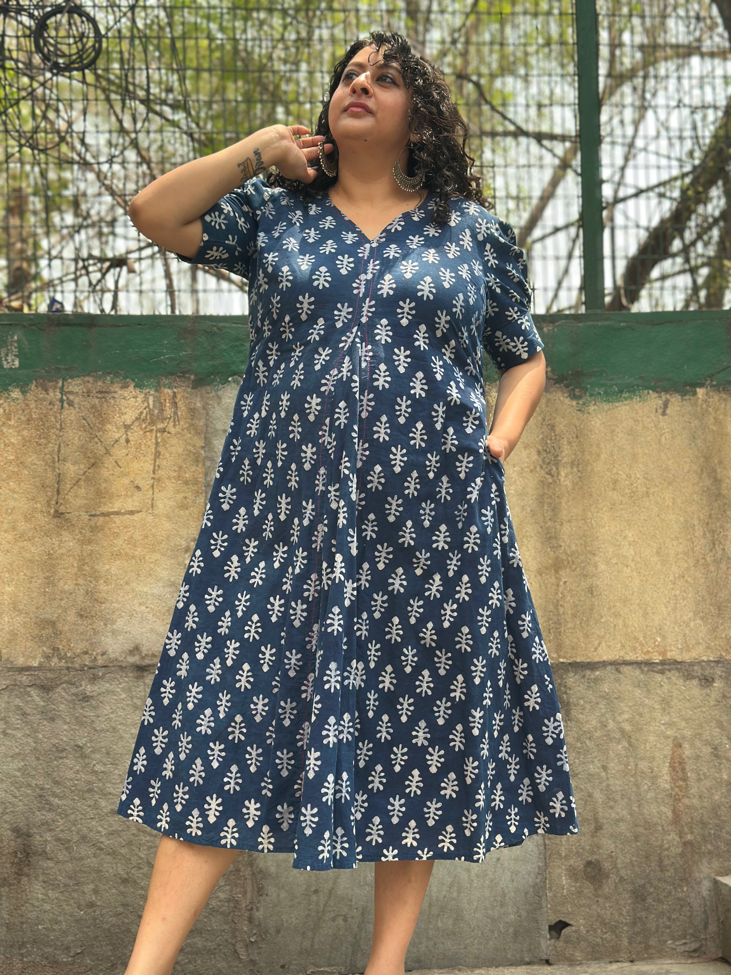 Indigo Dabu Booti Handblock print A-lin cotton dress with Pink stitch work