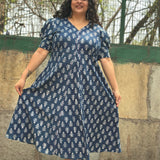 Indigo Dabu Booti Handblock print A-lin cotton dress with Pink stitch work