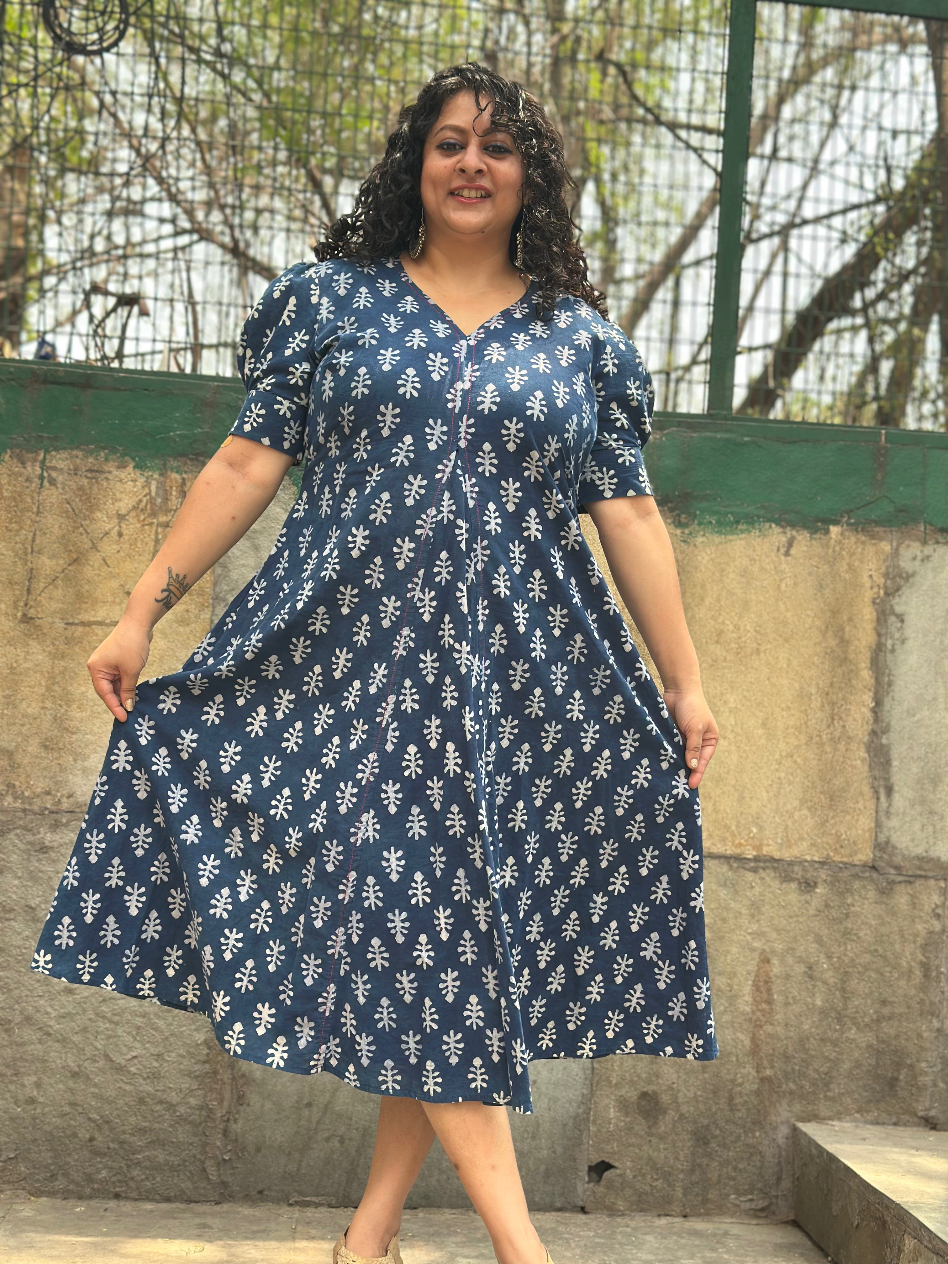 Indigo Dabu Booti Handblock print A-lin cotton dress with Pink stitch work